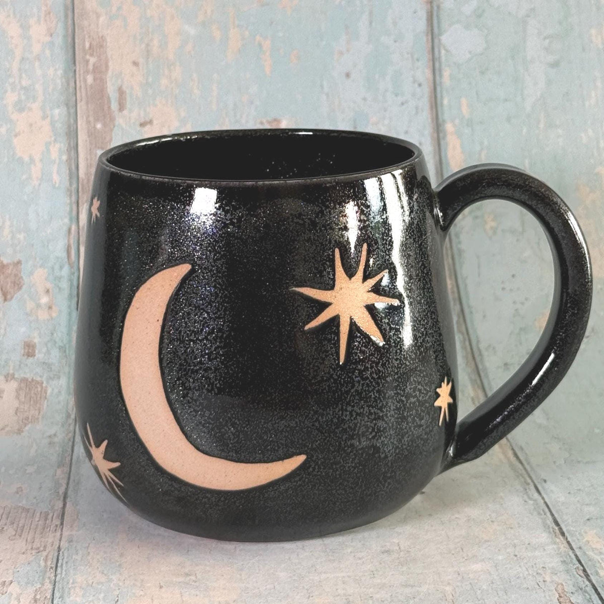 Black Glitter Moon & Star Celestial Mug, Ceramic Cup - FJD Ceramics