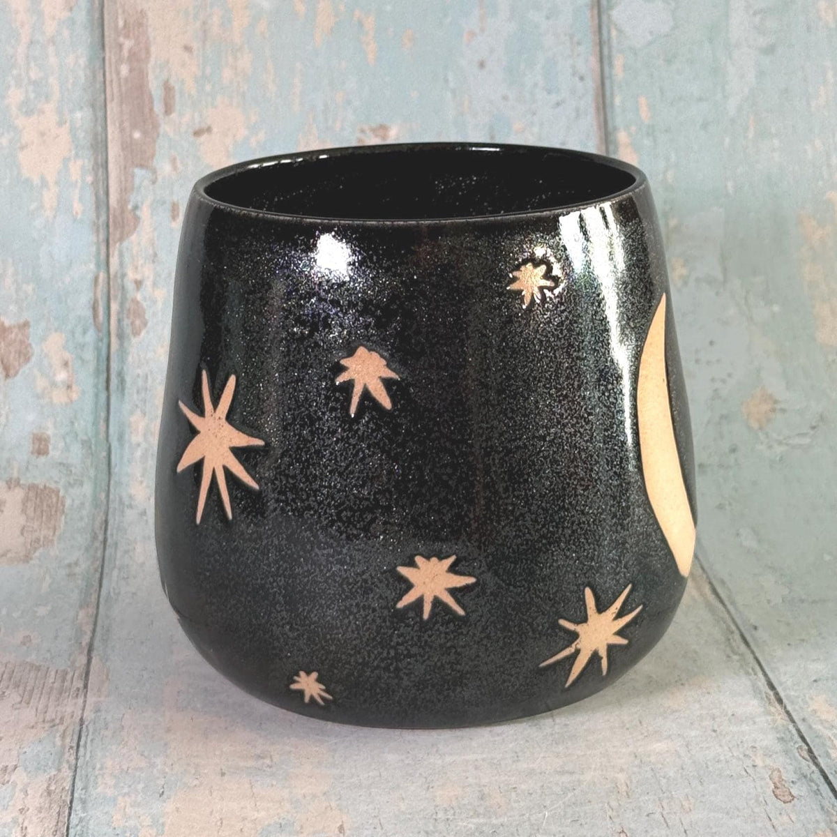 Black Glitter Moon & Star Celestial Mug, Ceramic Cup - FJD Ceramics