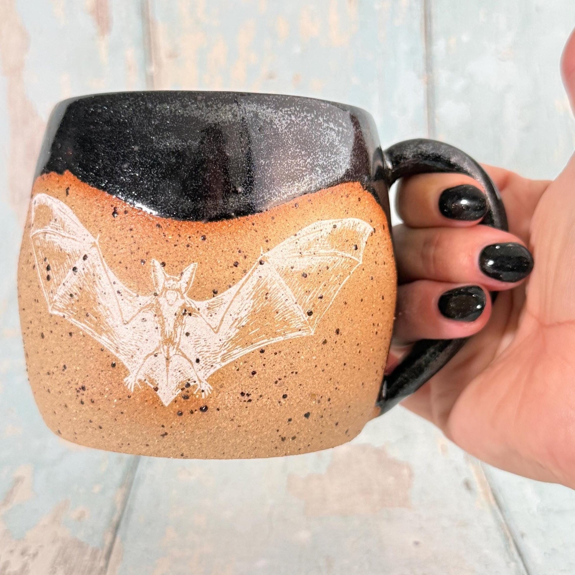 Black Halloween Bat Mug, Handmade Ceramic Cup - FJD Ceramics