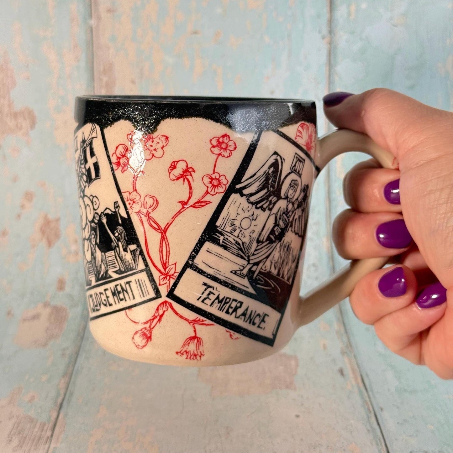 Black Red Floral Tarot Mug, Large Ceramic Cup - FJD Ceramics
