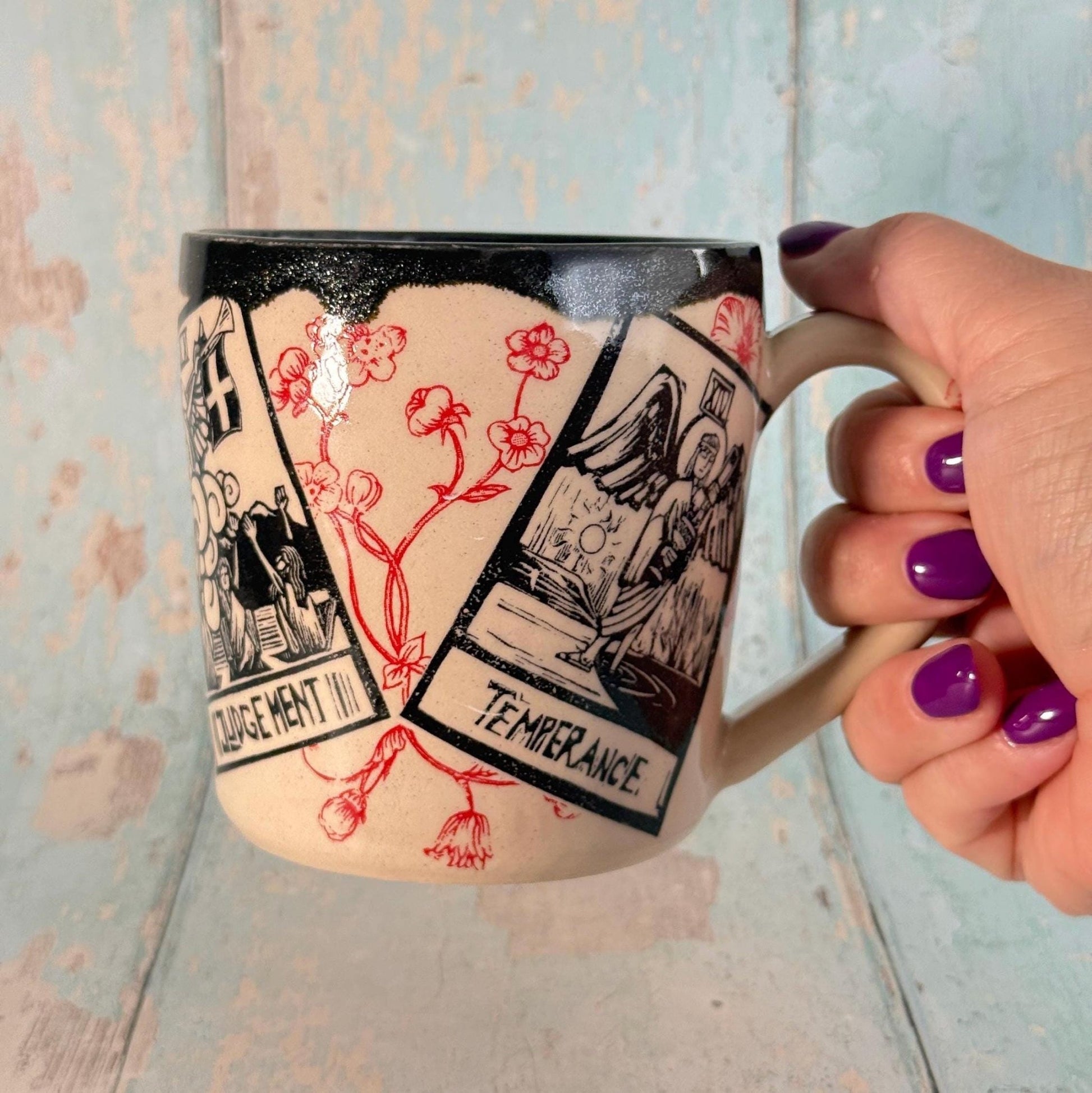 Black Red Floral Tarot Mug, Large Ceramic Cup - FJD Ceramics
