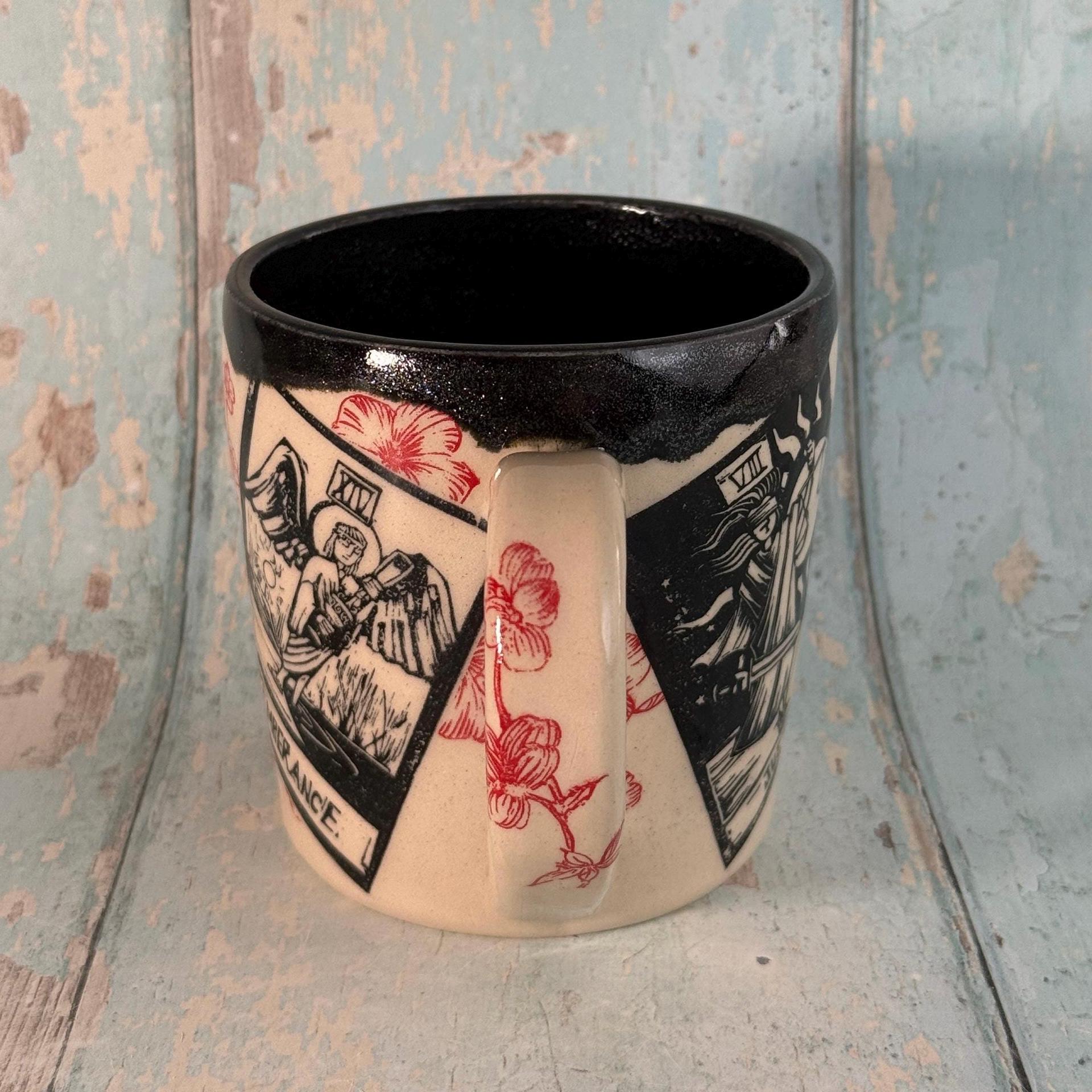 Black Red Floral Tarot Mug, Large Ceramic Cup - FJD Ceramics