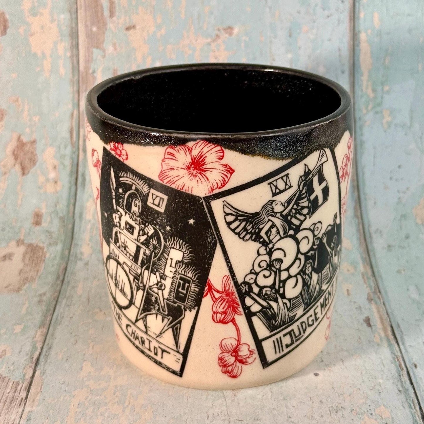 Black Red Floral Tarot Mug, Large Ceramic Cup - FJD Ceramics