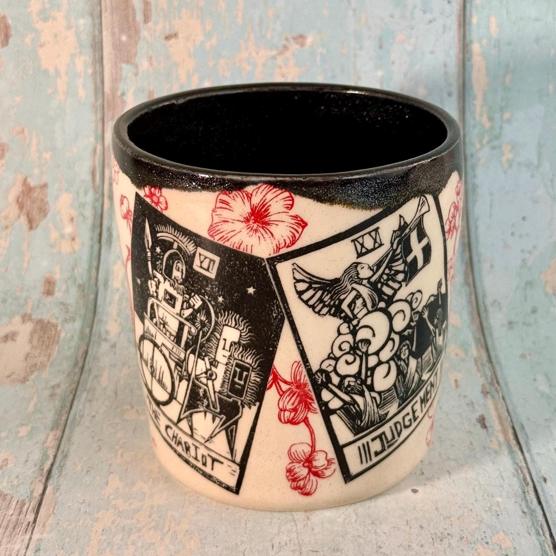 Black Red Floral Tarot Mug, Large Ceramic Cup - FJD Ceramics