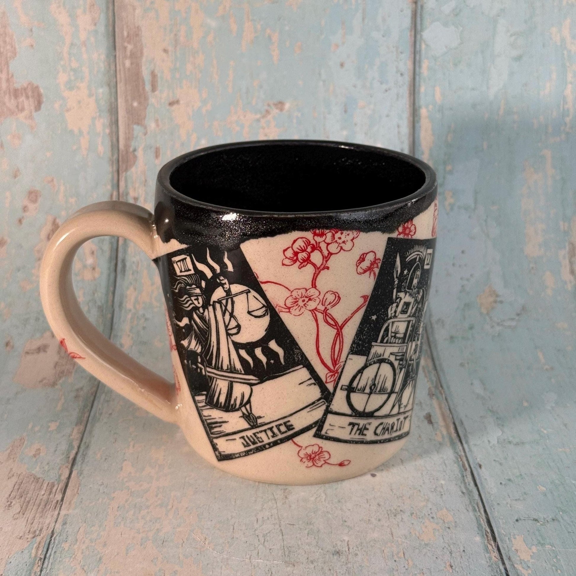 Black Red Floral Tarot Mug, Large Ceramic Cup - FJD Ceramics