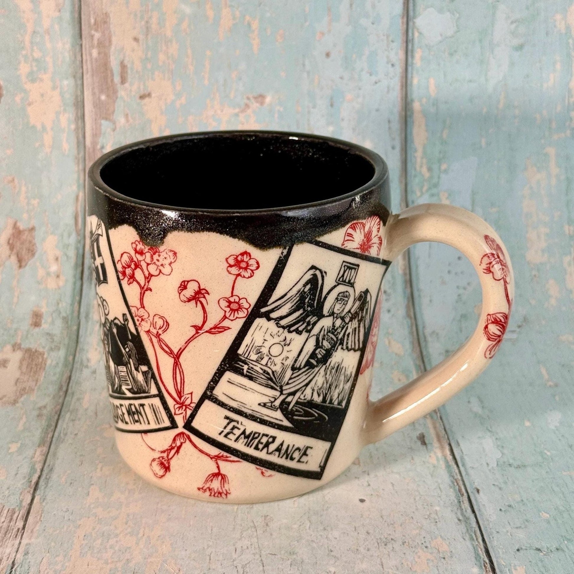 Black Red Floral Tarot Mug, Large Ceramic Cup - FJD Ceramics