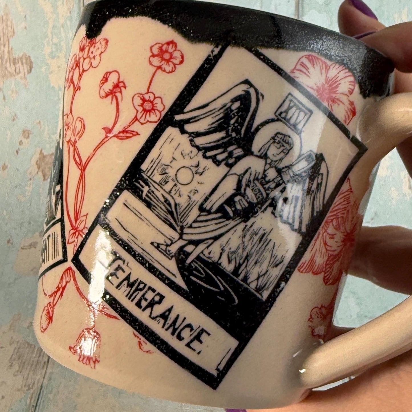 Black Red Floral Tarot Mug, Large Ceramic Cup - FJD Ceramics