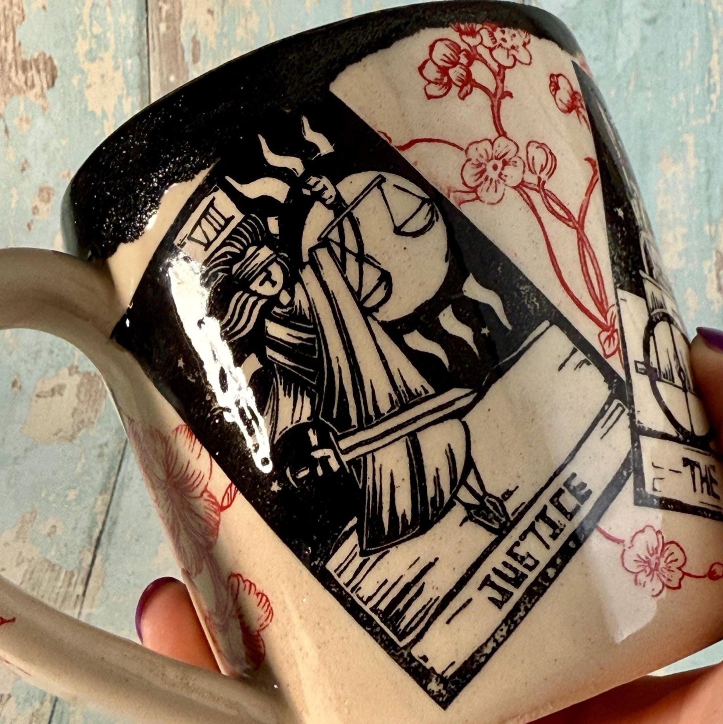 Black Red Floral Tarot Mug, Large Ceramic Cup - FJD Ceramics