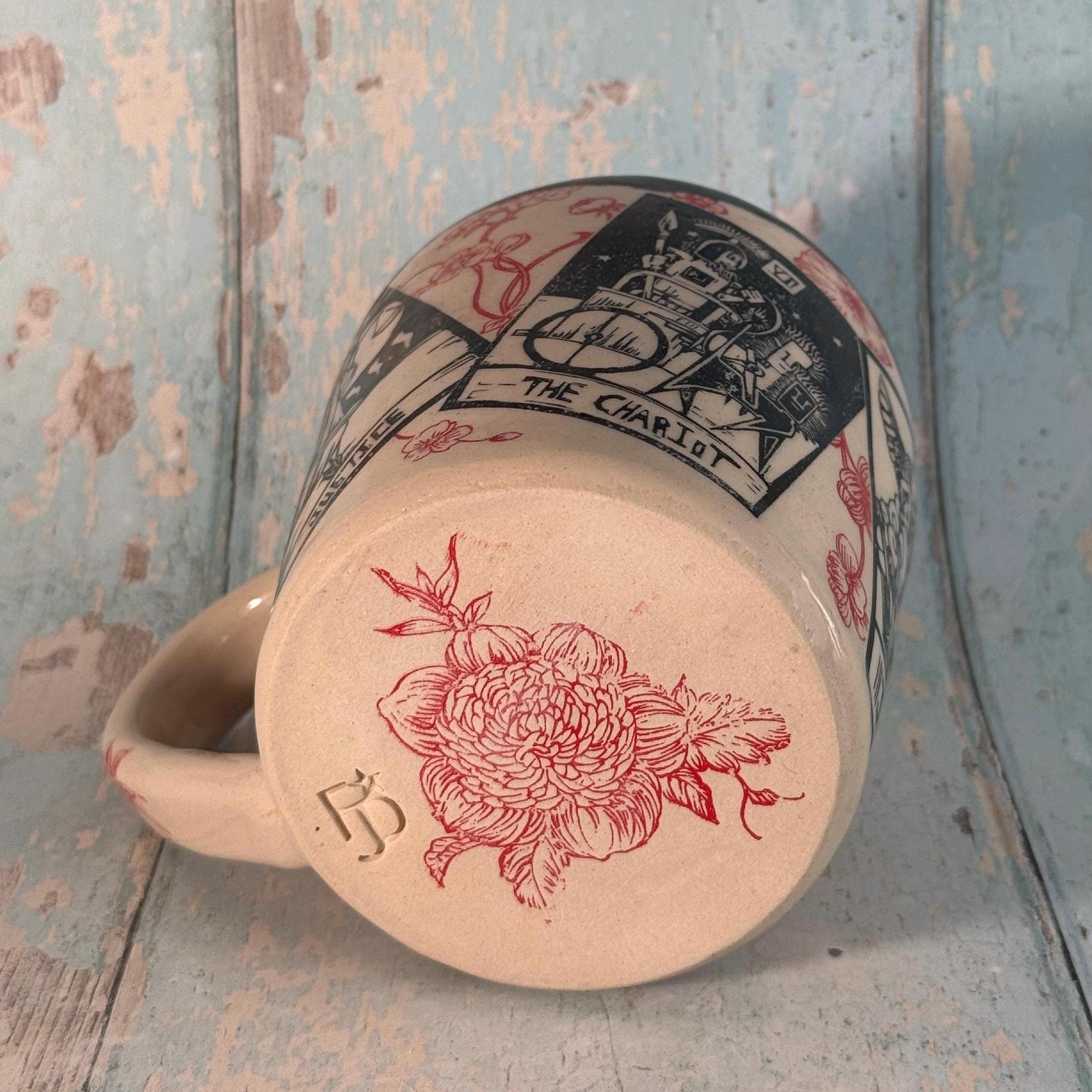 Black Red Floral Tarot Mug, Large Ceramic Cup - FJD Ceramics