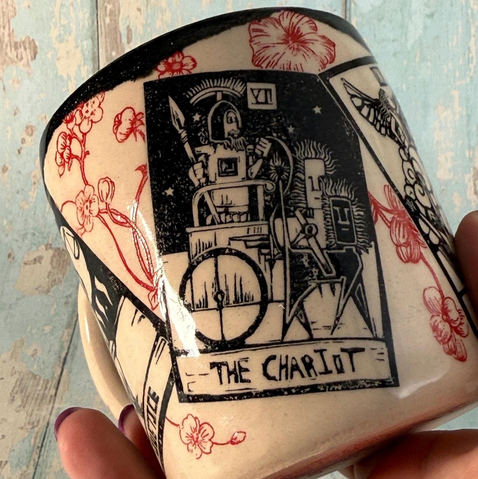Black Red Floral Tarot Mug, Large Ceramic Cup - FJD Ceramics