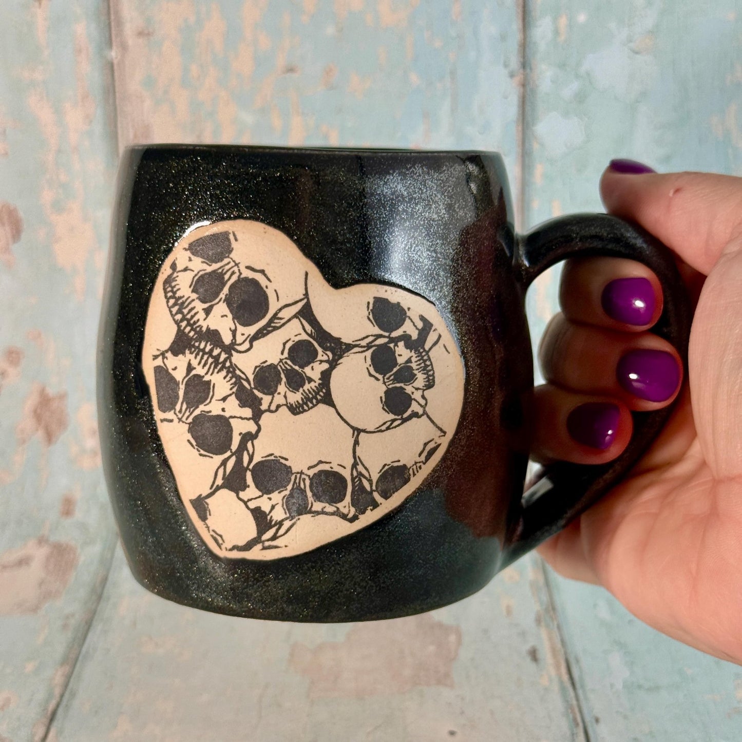 Black Skull Heart Mug, Handmade Ceramic Cup - FJD Ceramics