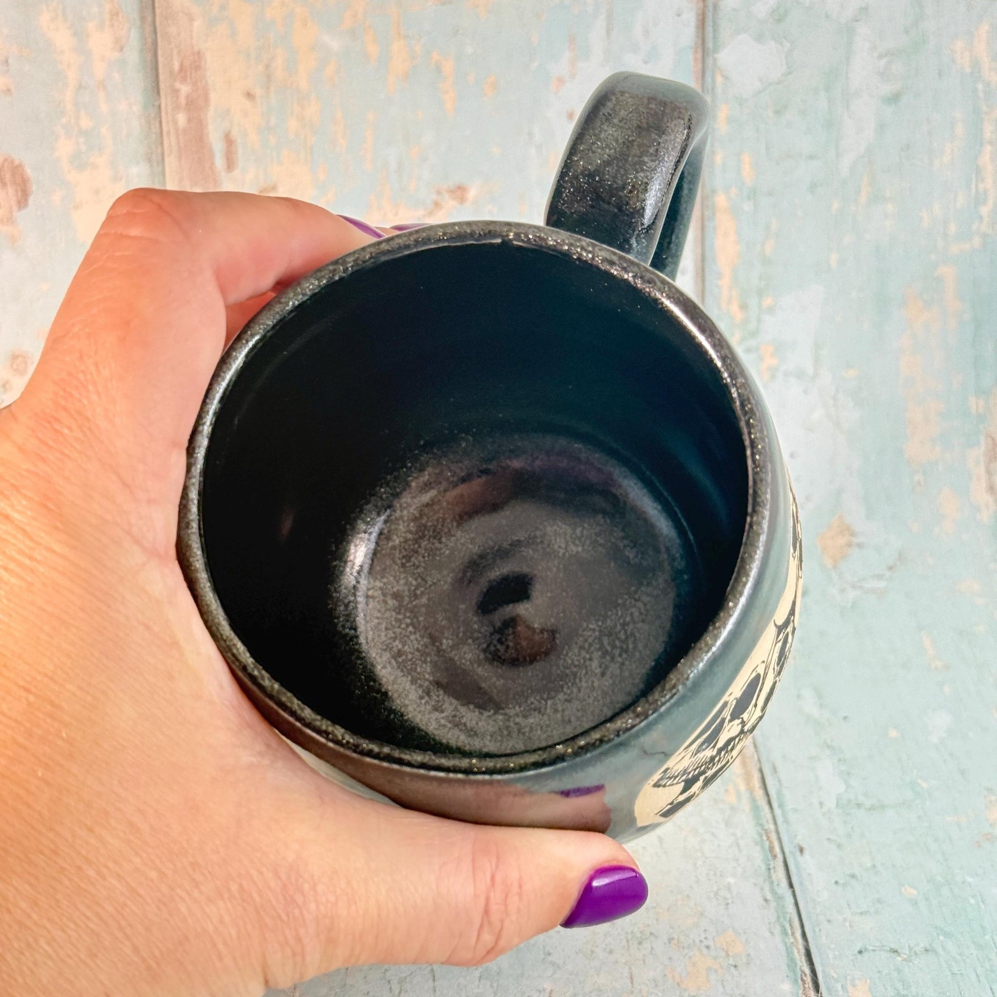 Black Skull Heart Mug, Handmade Ceramic Cup - FJD Ceramics