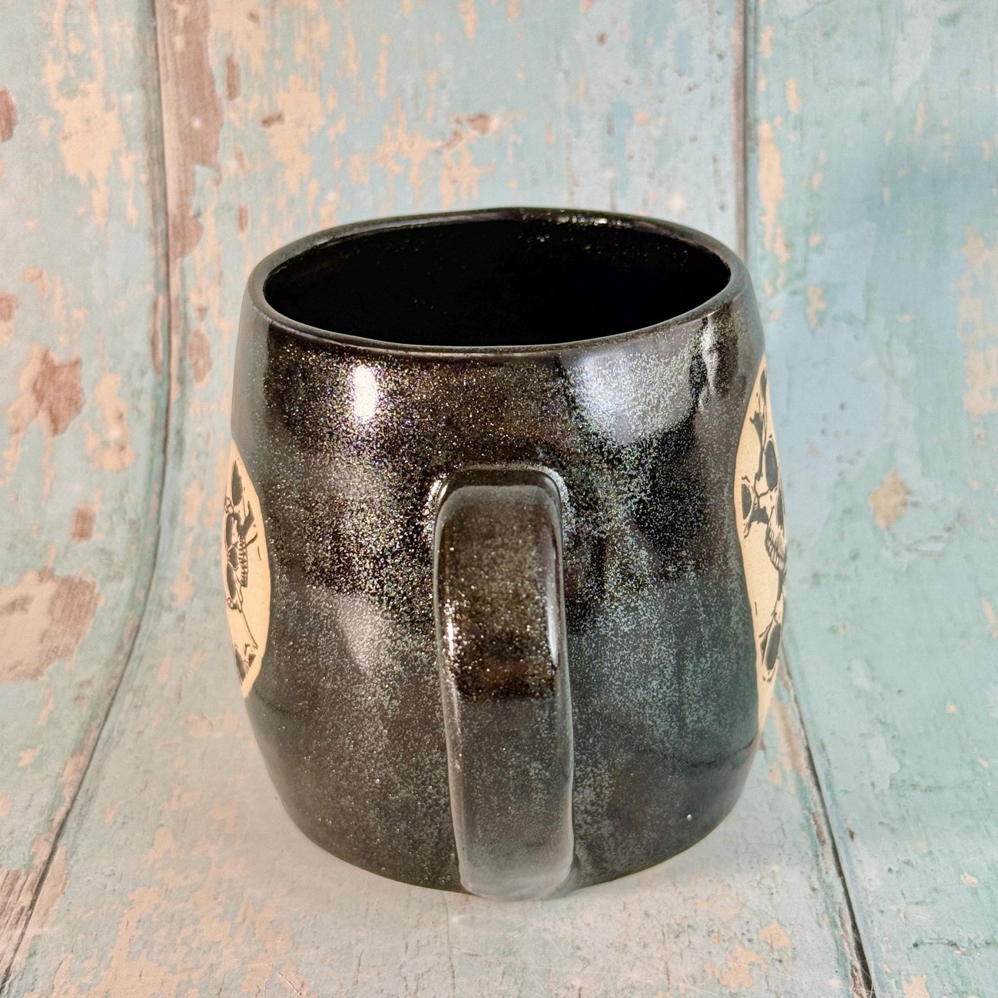 Black Skull Heart Mug, Handmade Ceramic Cup - FJD Ceramics