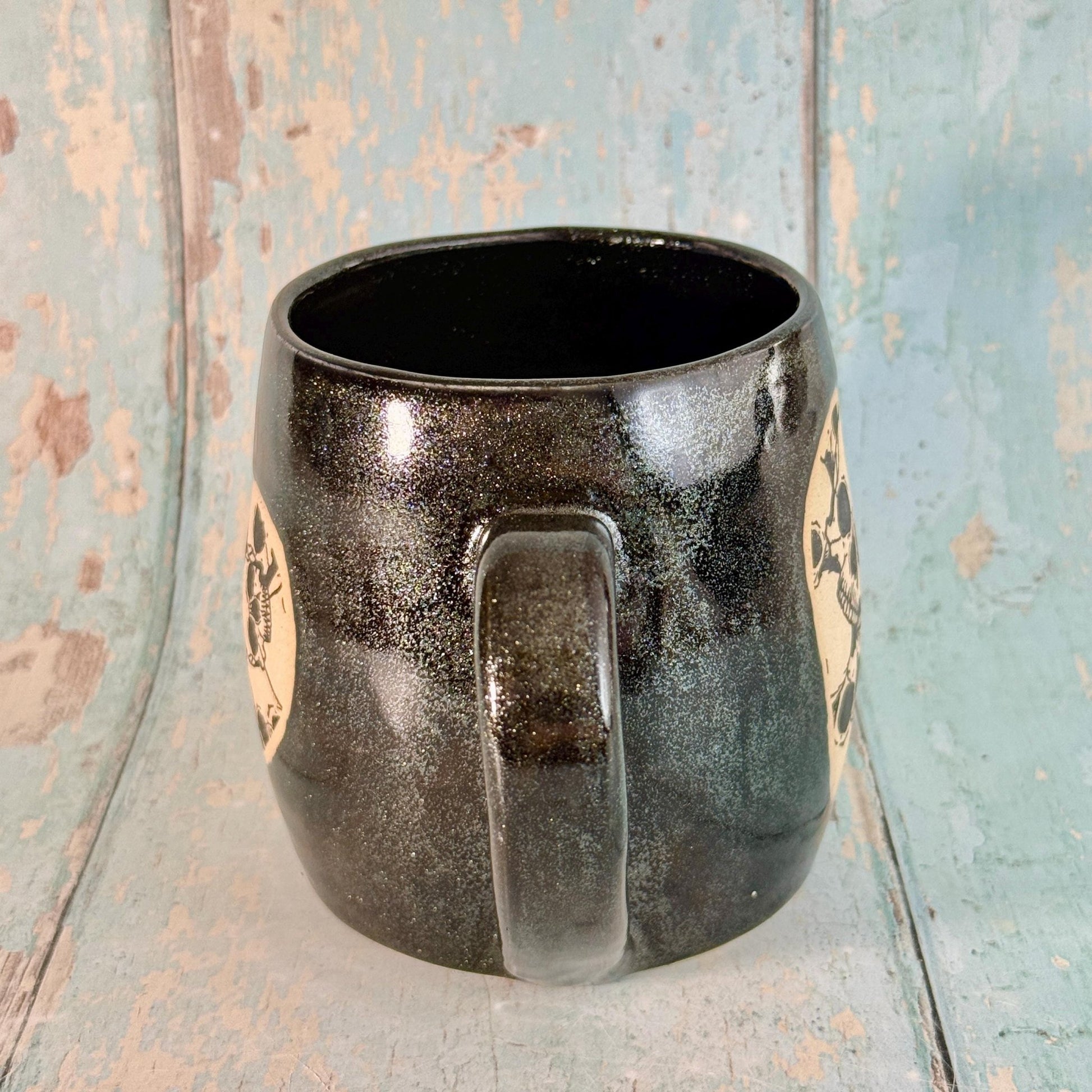 Black Skull Heart Mug, Handmade Ceramic Cup - FJD Ceramics