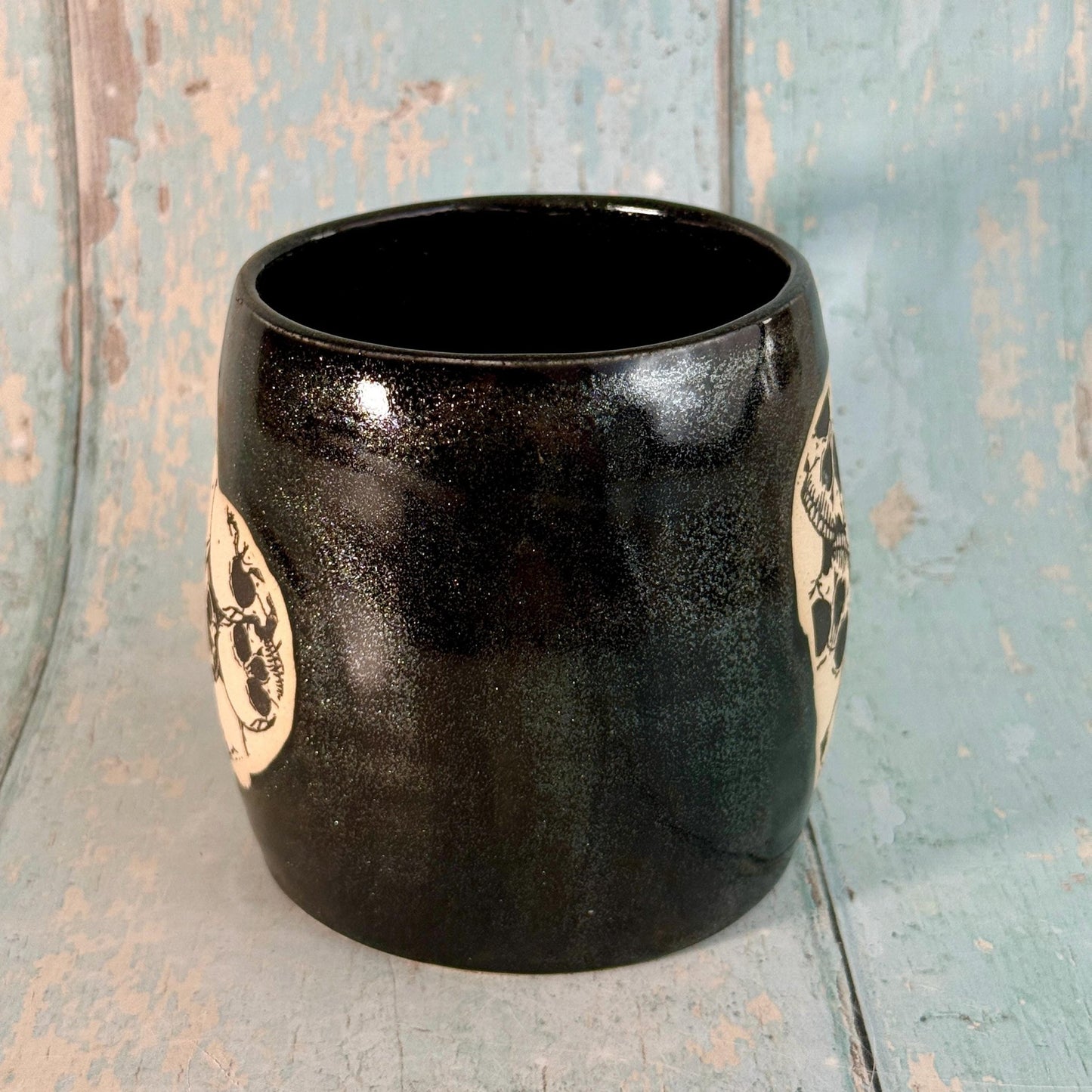 Black Skull Heart Mug, Handmade Ceramic Cup - FJD Ceramics