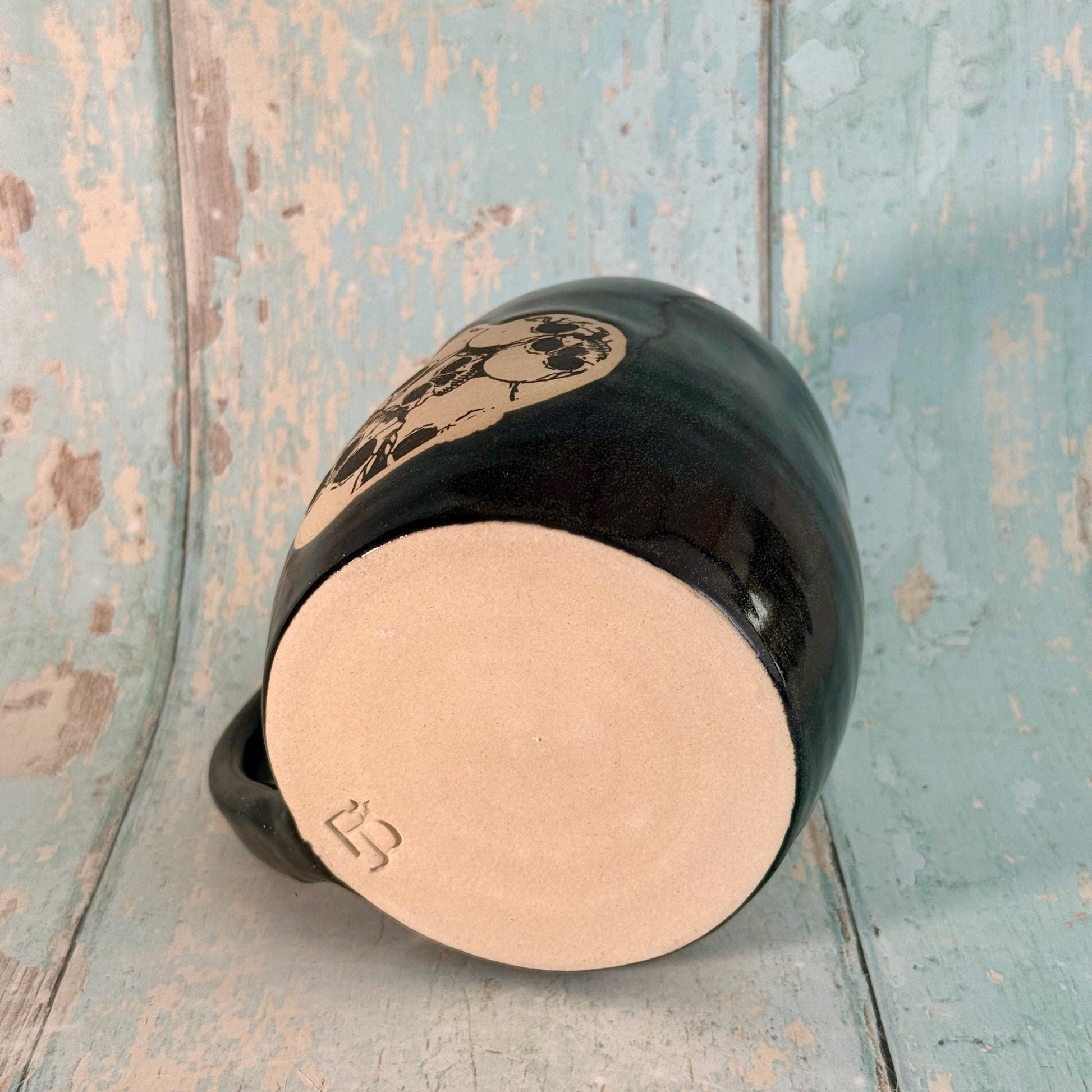 Black Skull Heart Mug, Handmade Ceramic Cup - FJD Ceramics