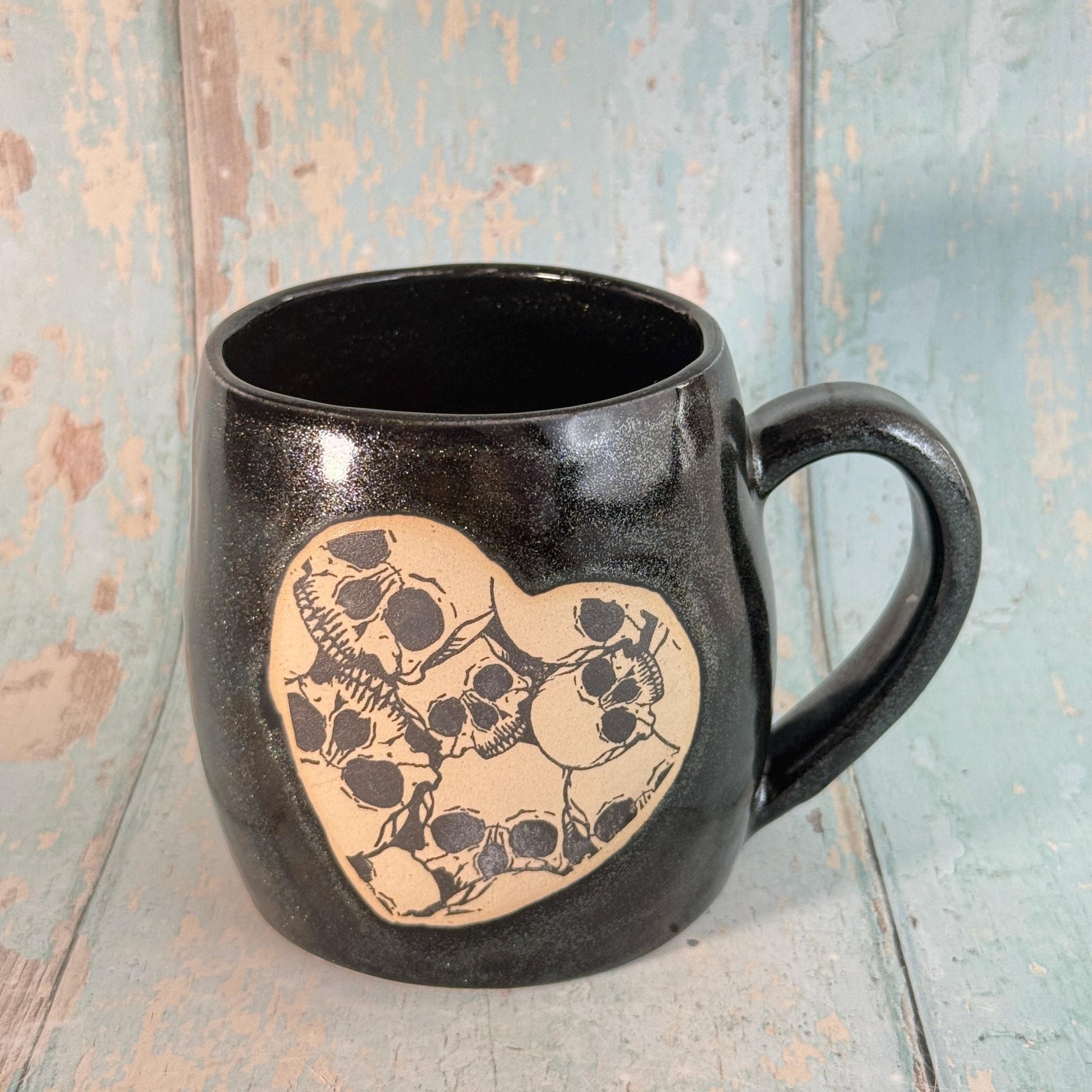 Black Skull Heart Mug, Handmade Ceramic Cup - FJD Ceramics