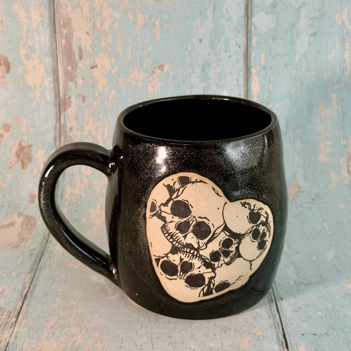 Black Skull Heart Mug, Handmade Ceramic Cup - FJD Ceramics