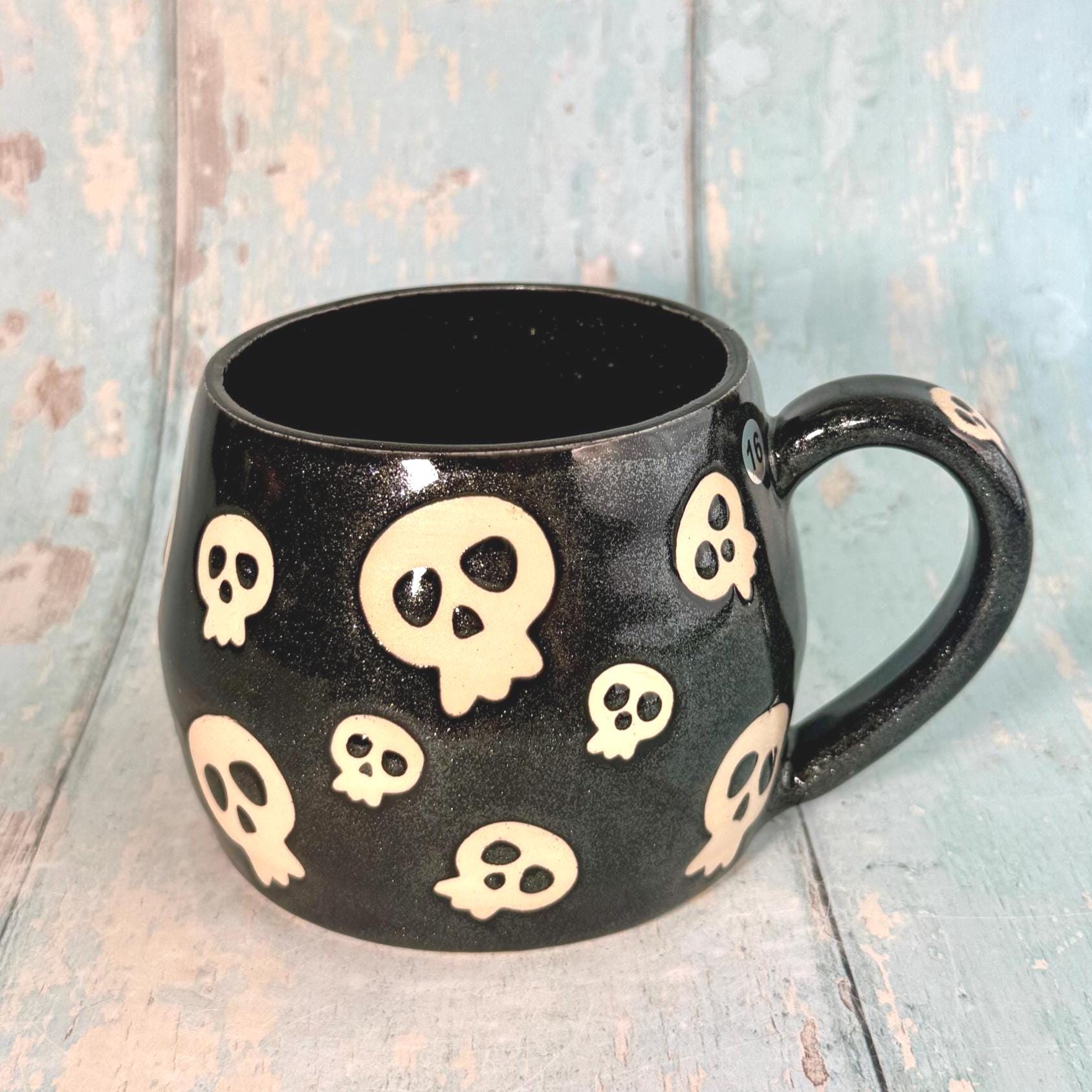 Black Skull Mug, Handmade Ceramic Cup, Spooky Halloween Mug - FJD Ceramics