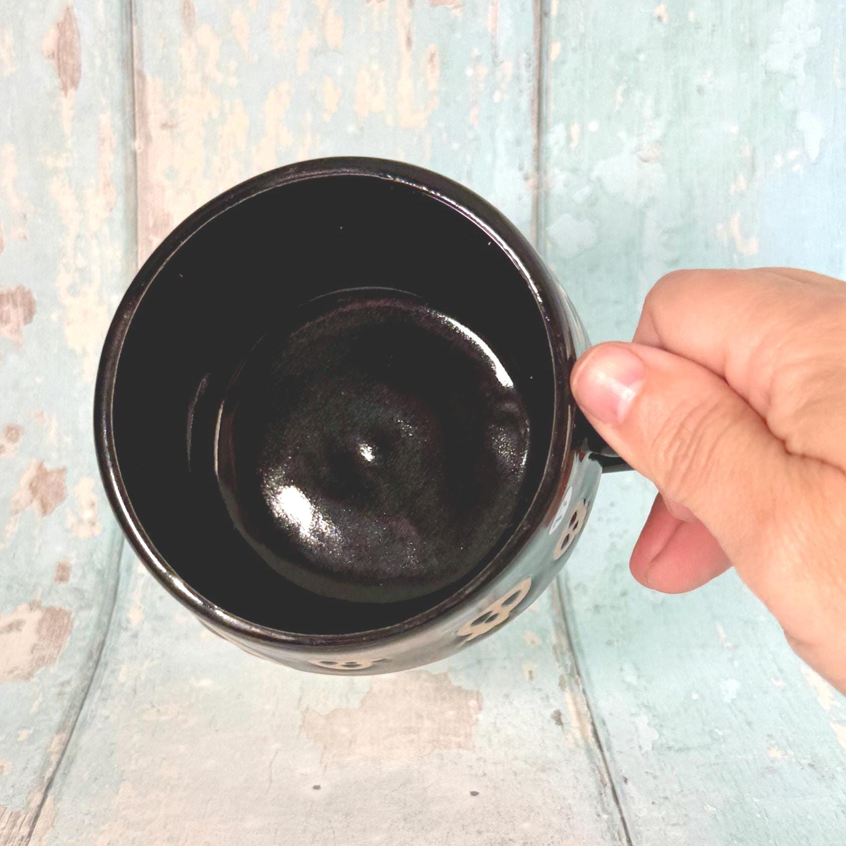 Black Skull Mug, Handmade Ceramic Cup, Spooky Halloween Mug - FJD Ceramics