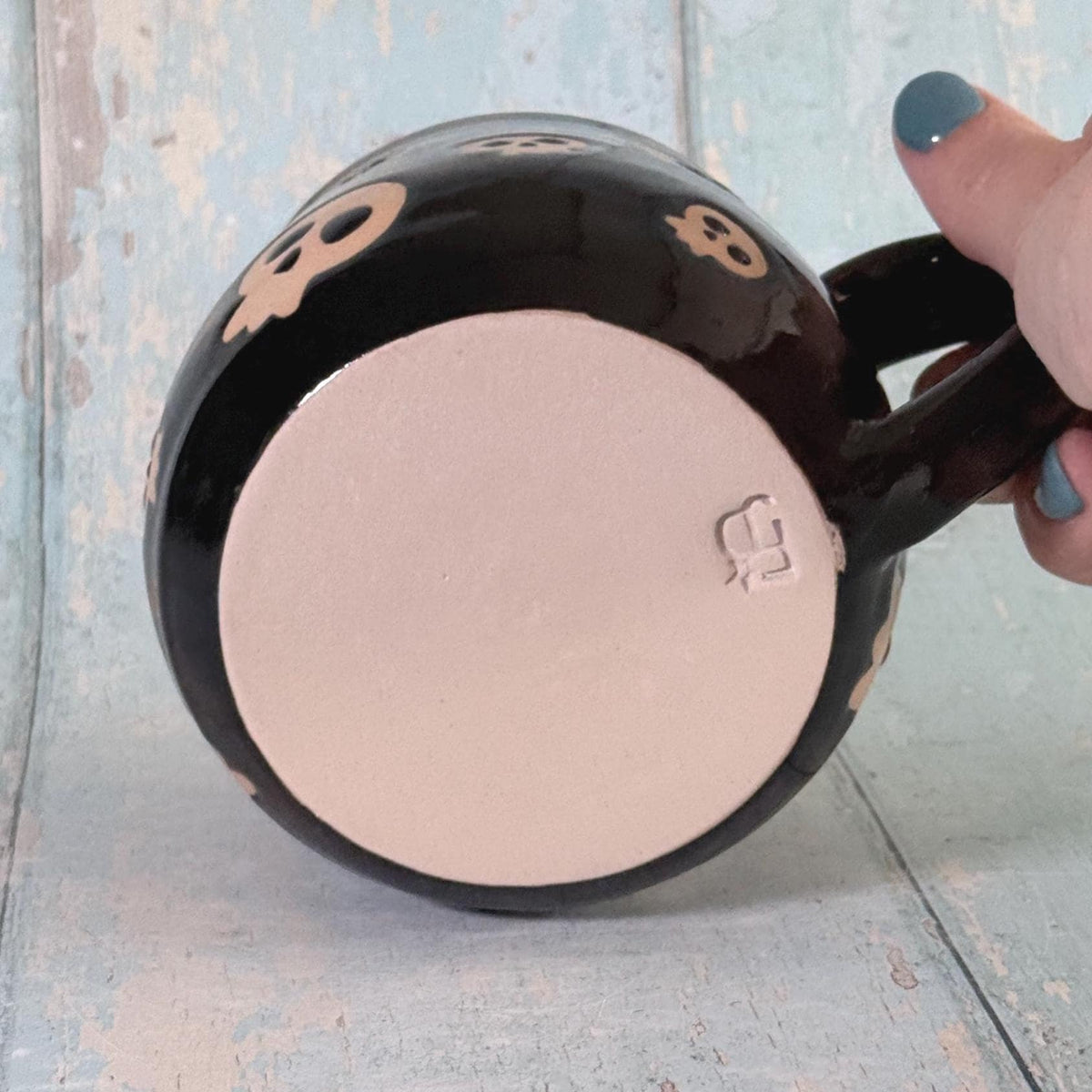 Black Skull Mug, Handmade Ceramic Cup, Spooky Halloween Mug - FJD Ceramics