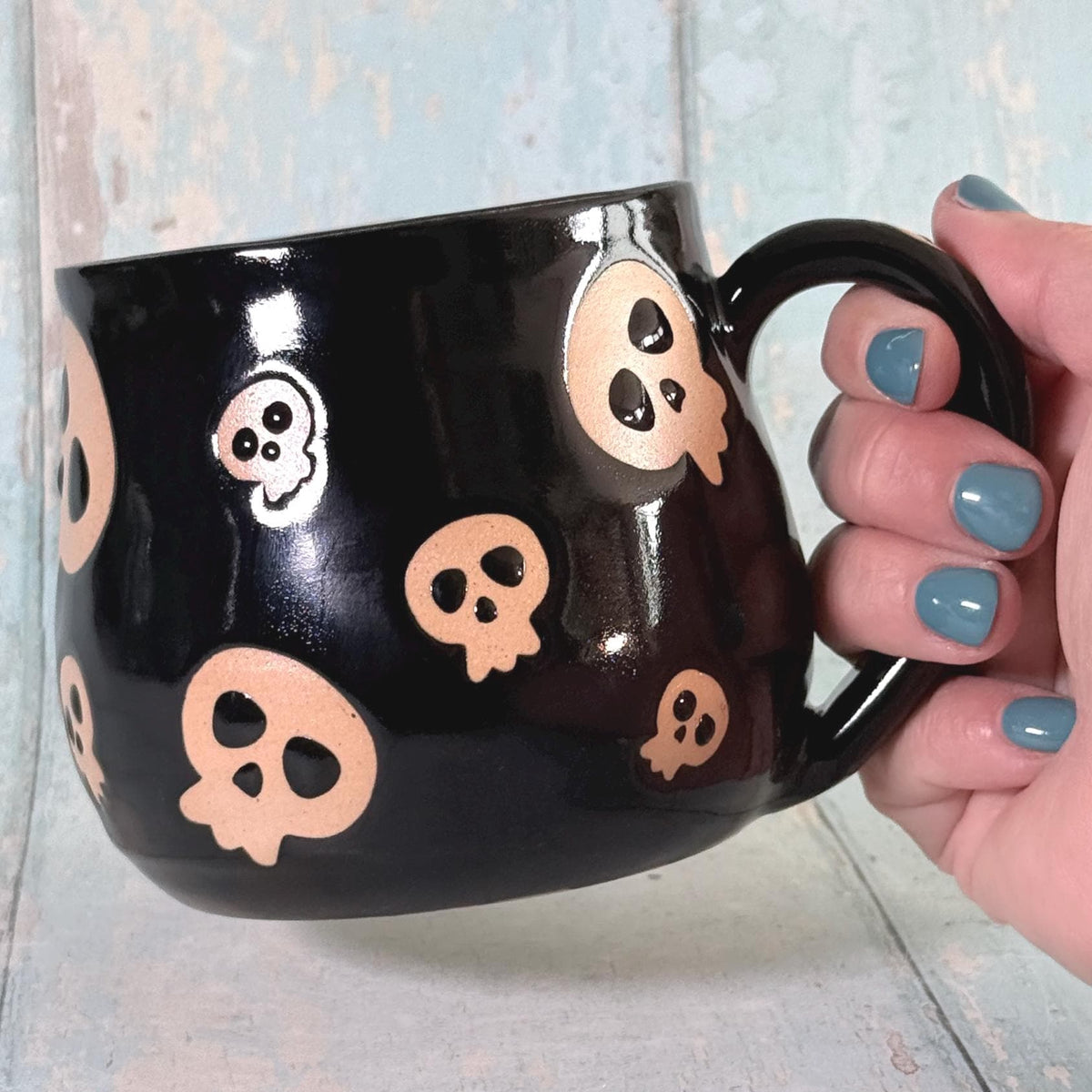 Black Skull Mug, Handmade Ceramic Cup, Spooky Halloween Mug - FJD Ceramics