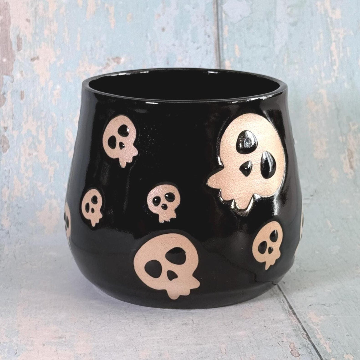 Black Skull Mug, Handmade Ceramic Cup, Spooky Halloween Mug - FJD Ceramics