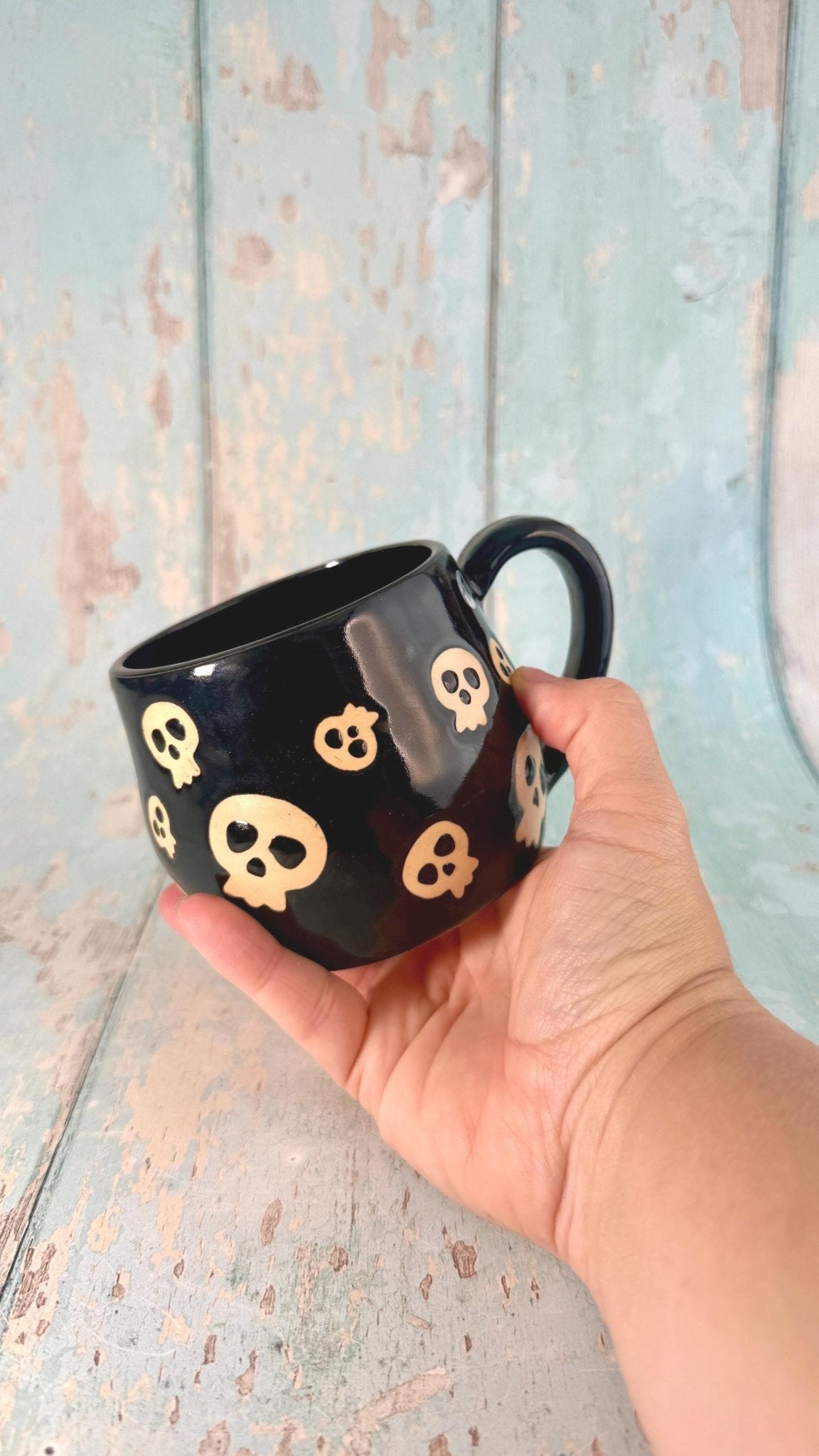 Black Skull Mug, Handmade Ceramic Cup, Spooky Halloween Mug - FJD Ceramics