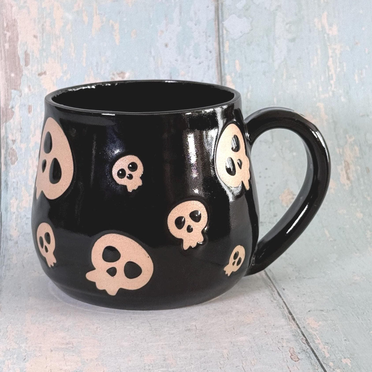 Black Skull Mug, Handmade Ceramic Cup, Spooky Halloween Mug - FJD Ceramics