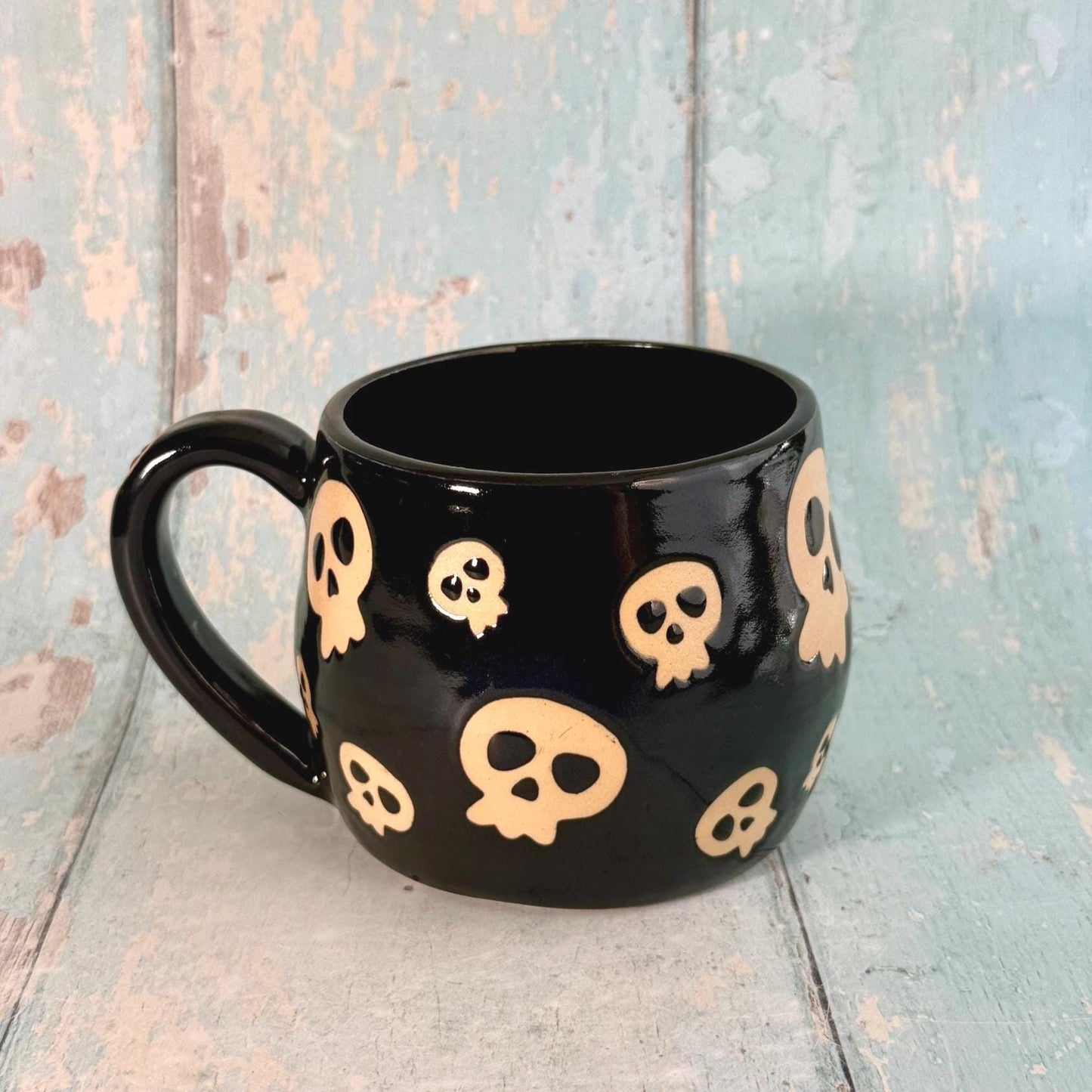 Black Skull Mug, Handmade Ceramic Cup, Spooky Halloween Mug - FJD Ceramics