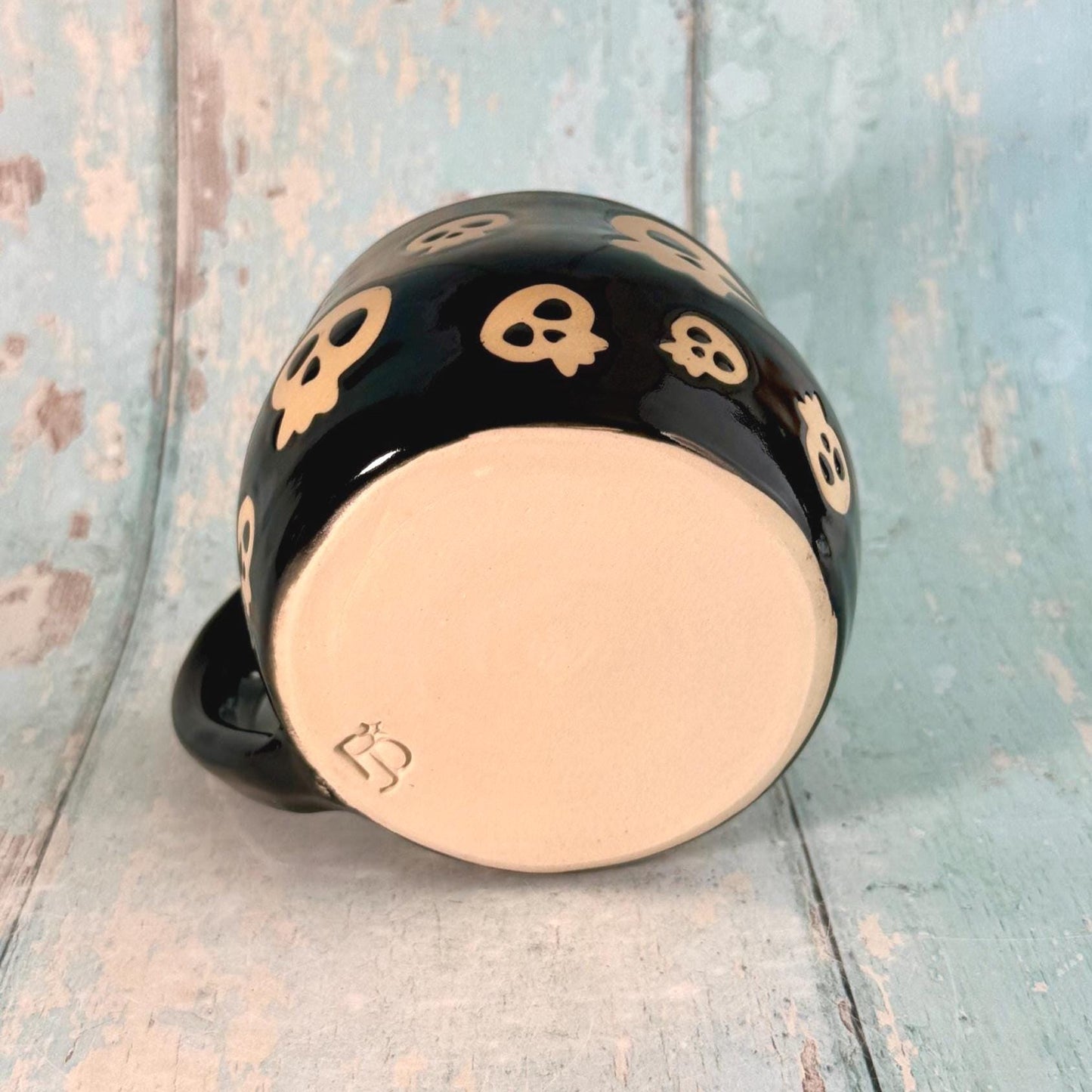 Black Skull Mug, Handmade Ceramic Cup, Spooky Halloween Mug - FJD Ceramics