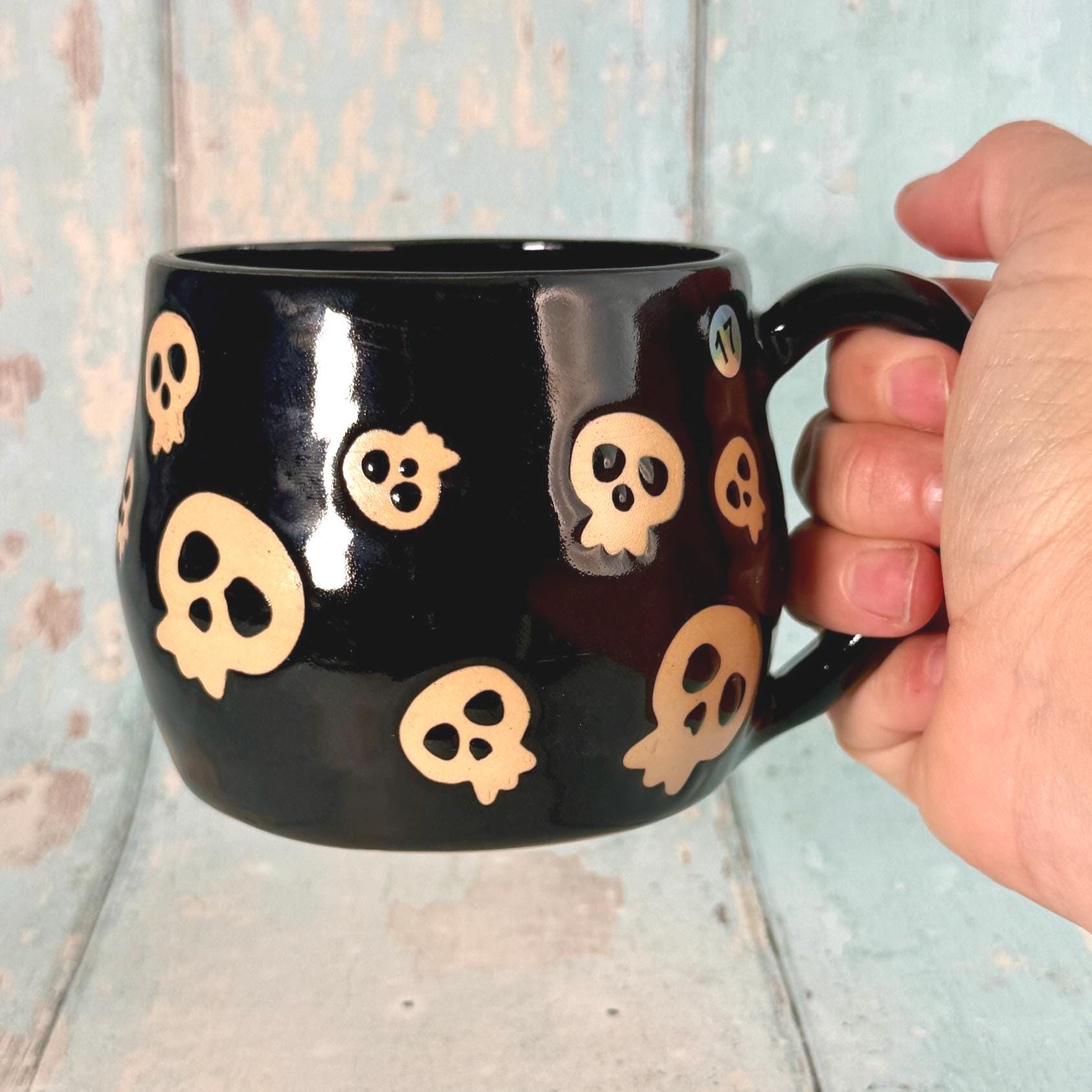 Black Skull Mug, Handmade Ceramic Cup, Spooky Halloween Mug - FJD Ceramics