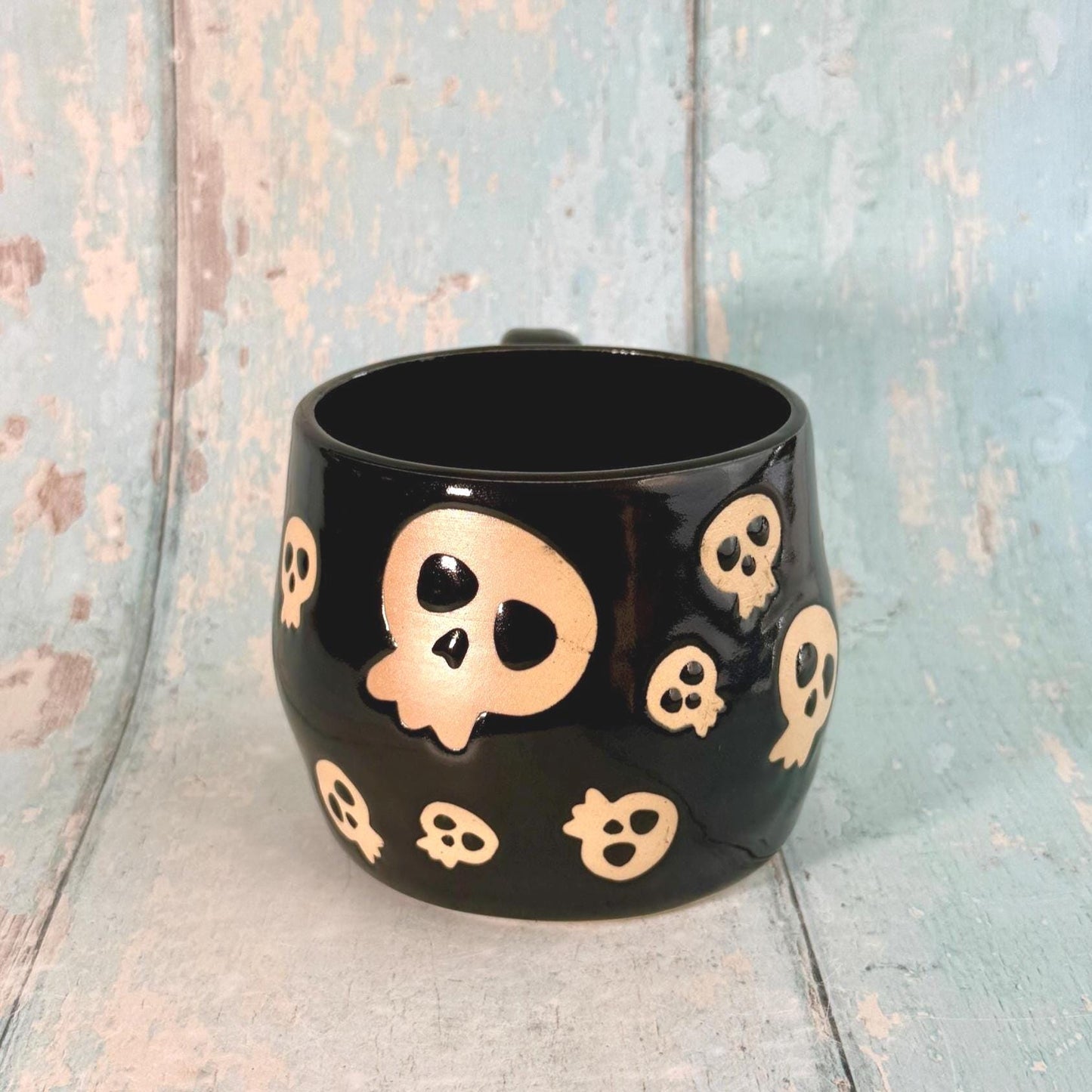 Black Skull Mug, Handmade Ceramic Cup, Spooky Halloween Mug - FJD Ceramics
