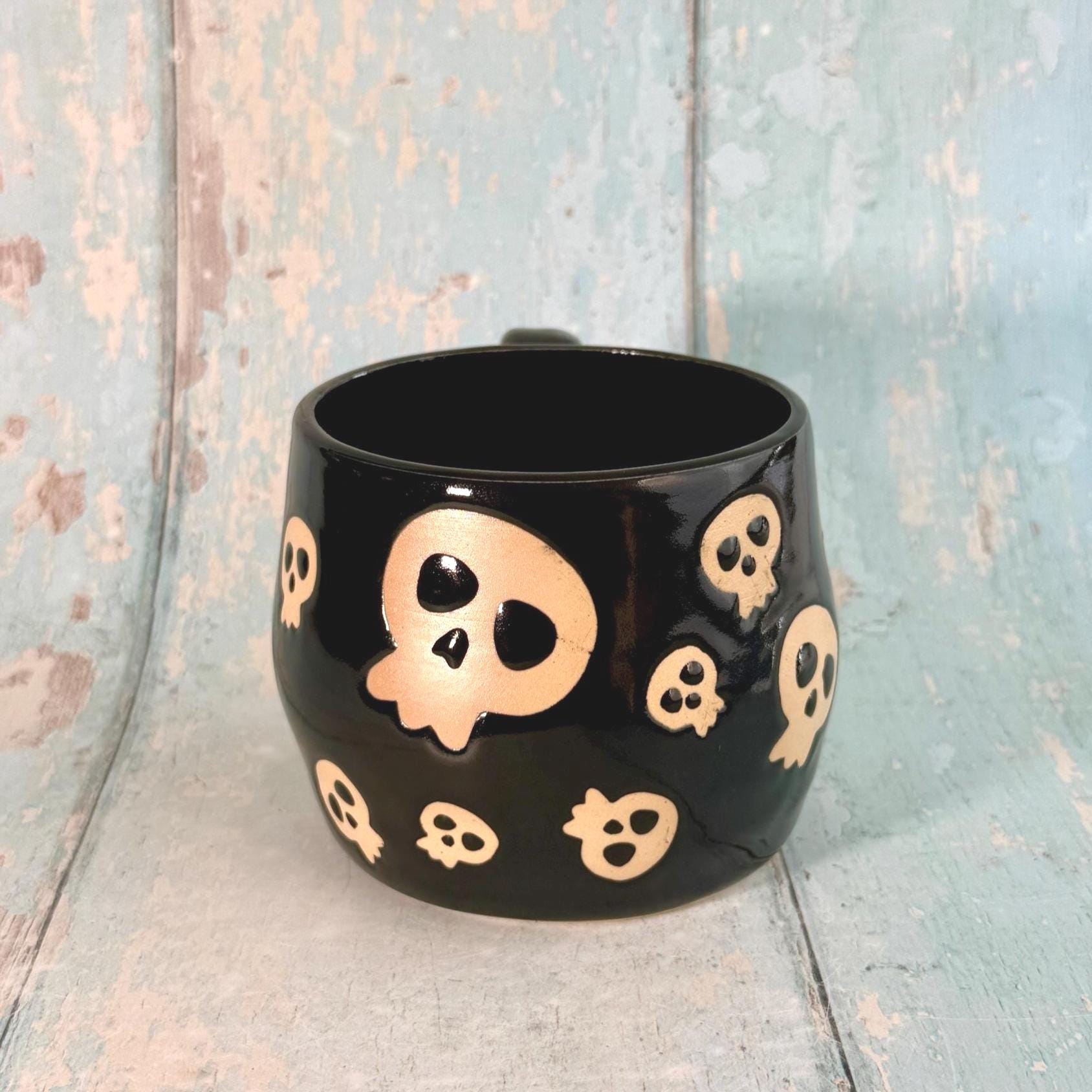 Black Skull Mug, Handmade Ceramic Cup, Spooky Halloween Mug - FJD Ceramics