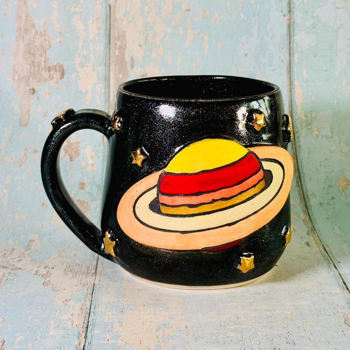 Black Space Saturn Mug, Large Ceramic Cup - FJD Ceramics