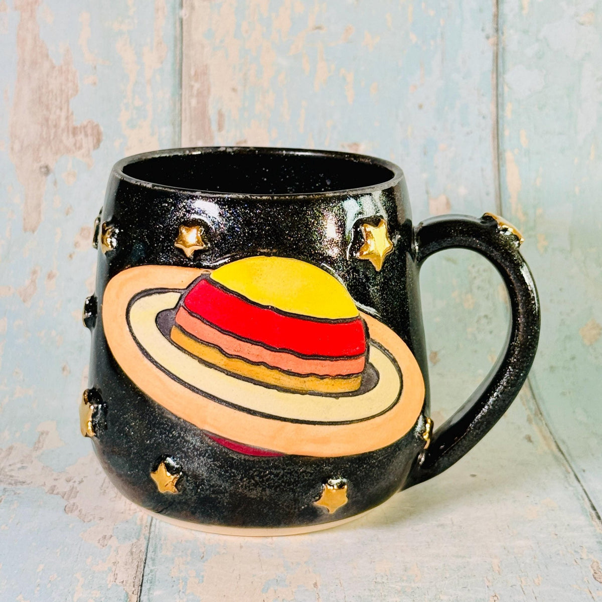 Black Space Saturn Mug, Large Ceramic Cup - FJD Ceramics