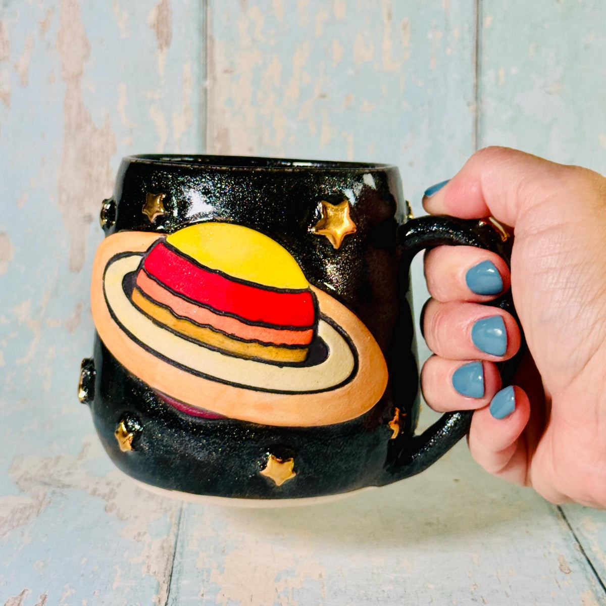 Black Space Saturn Mug, Large Ceramic Cup - FJD Ceramics