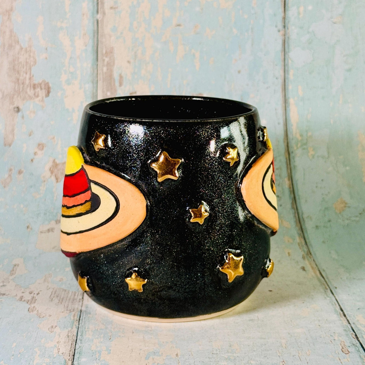 Black Space Saturn Mug, Large Ceramic Cup - FJD Ceramics