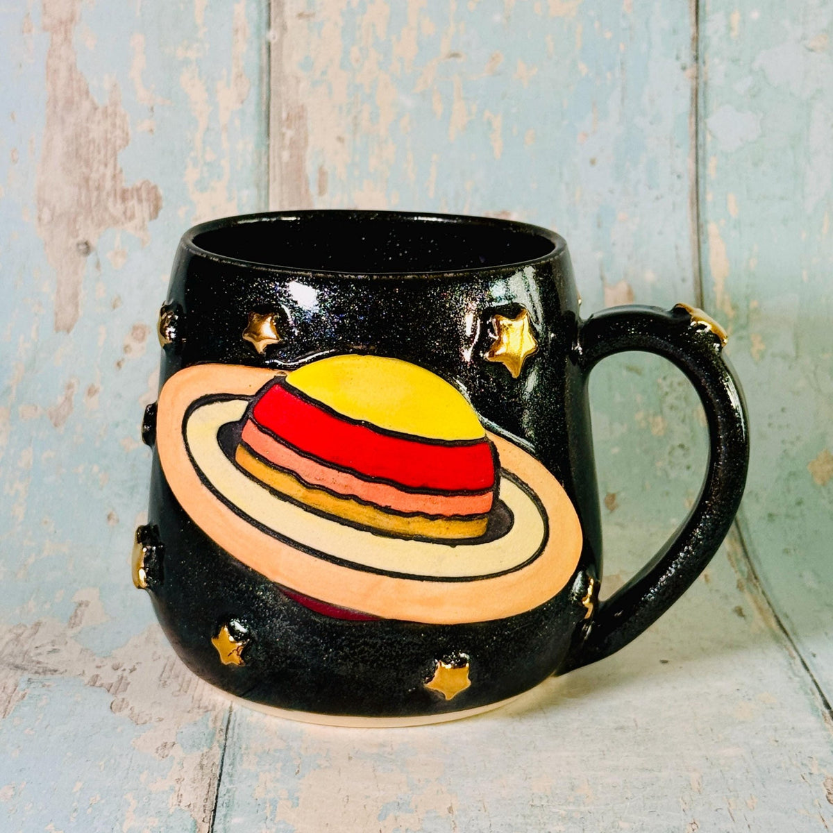 Black Space Saturn Mug, Large Ceramic Cup - FJD Ceramics