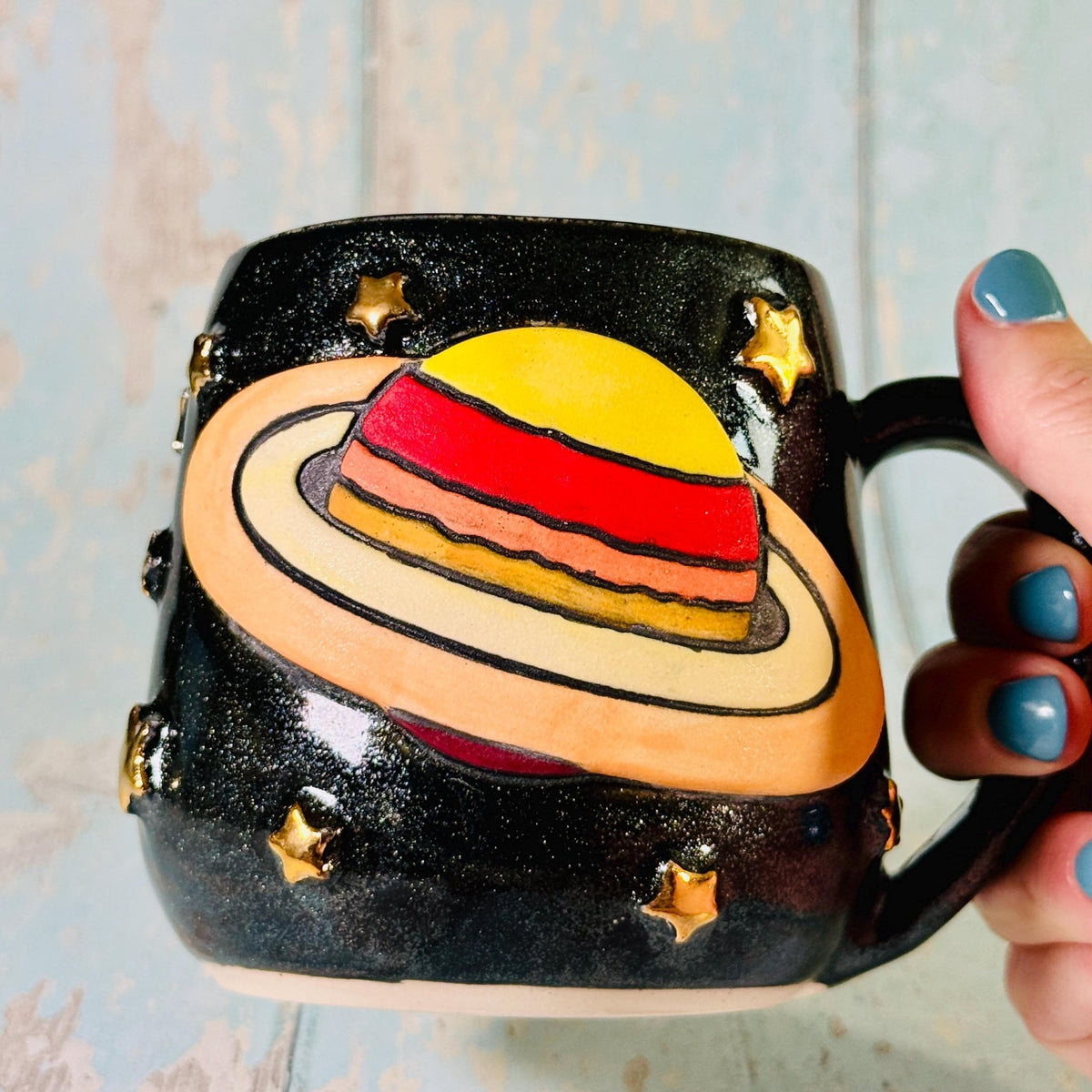 Black Space Saturn Mug, Large Ceramic Cup - FJD Ceramics