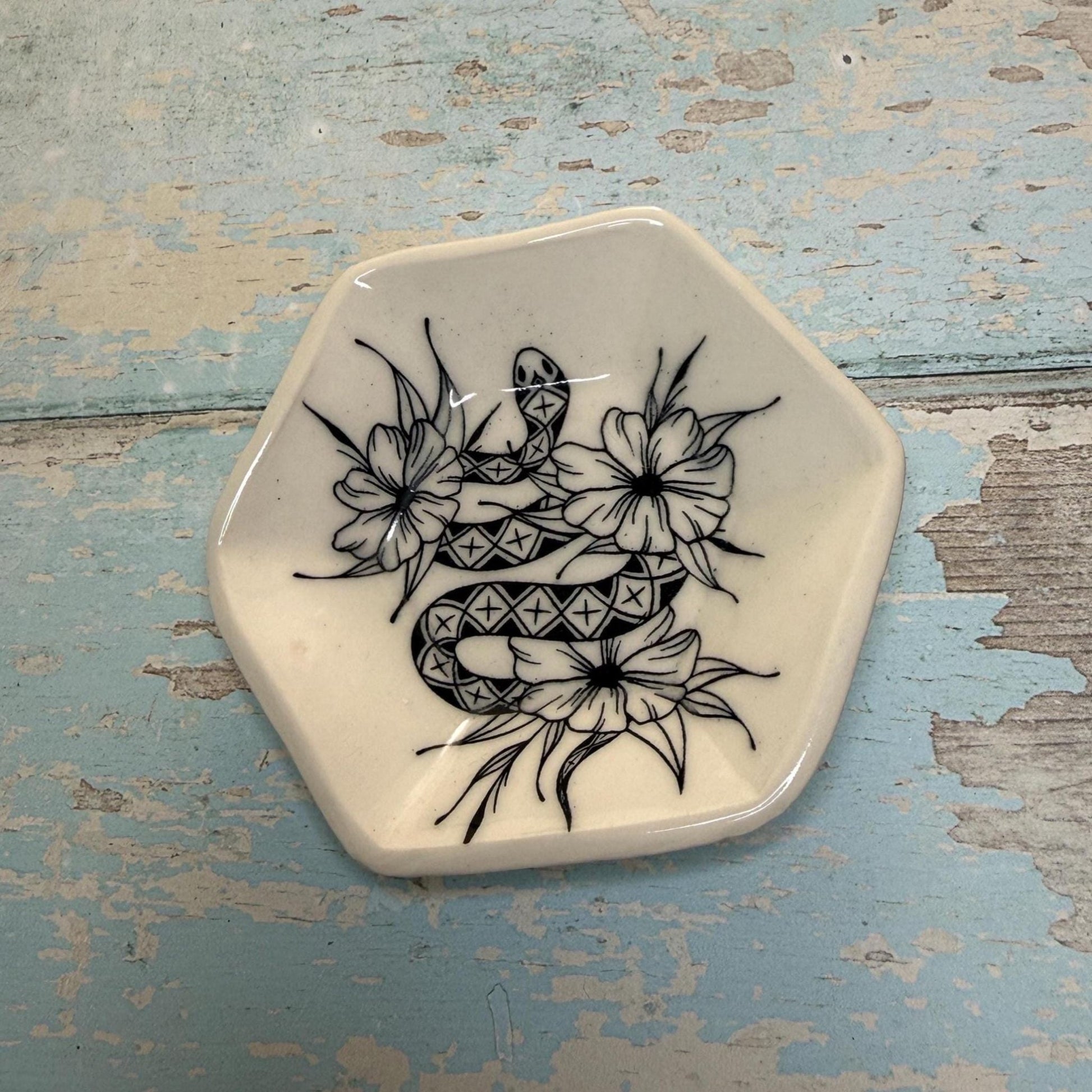 Black & White Snake Jewellery Dish, Handmade Hexagon Ceramic Pot - FJD Ceramics