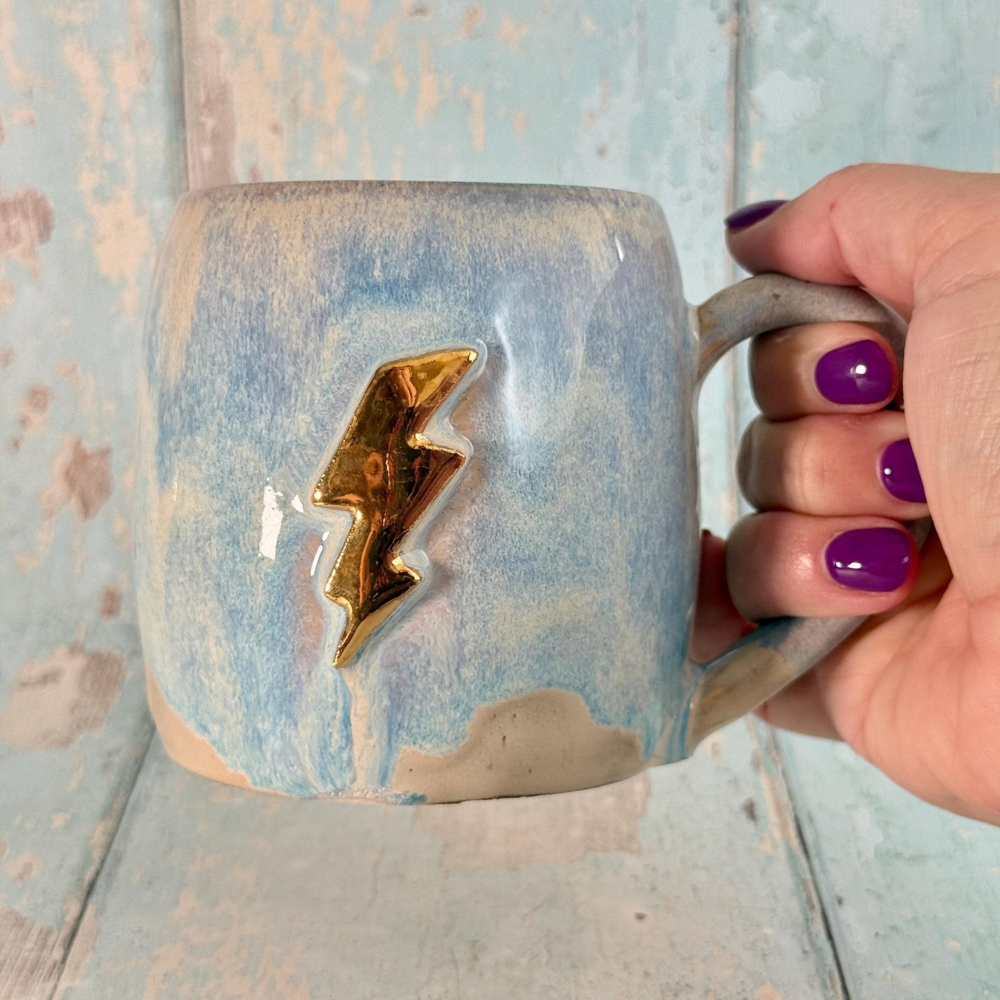 Blue and Gold Lightning Bolt Mug, Handmade Ceramic Cup - FJD Ceramics