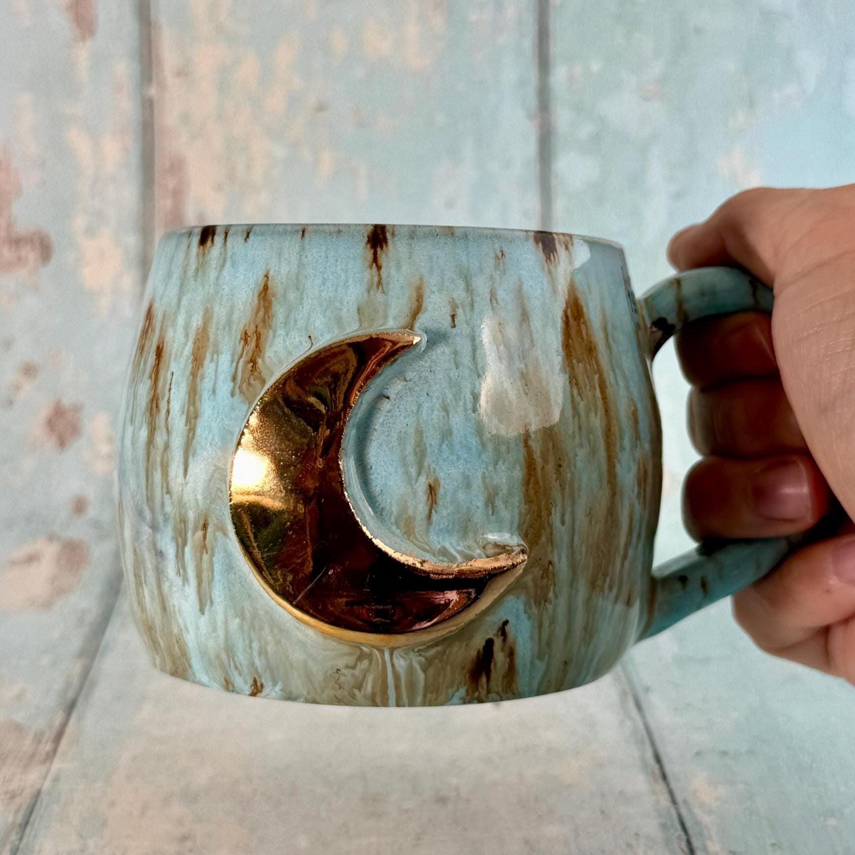 Blue and Gold Moon Mug, Handmade Ceramic Mug - FJD Ceramics