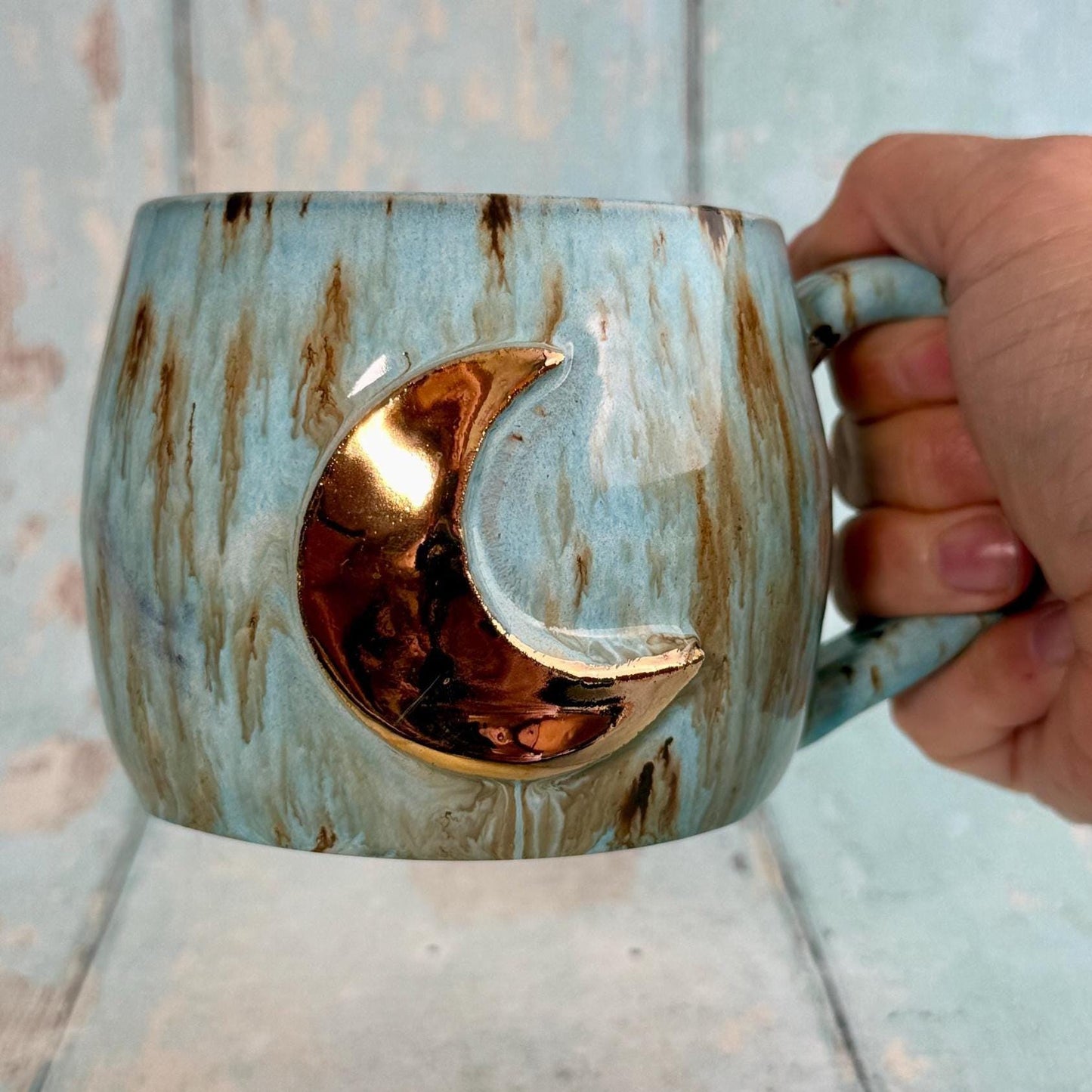 Blue and Gold Moon Mug, Handmade Ceramic Mug - FJD Ceramics
