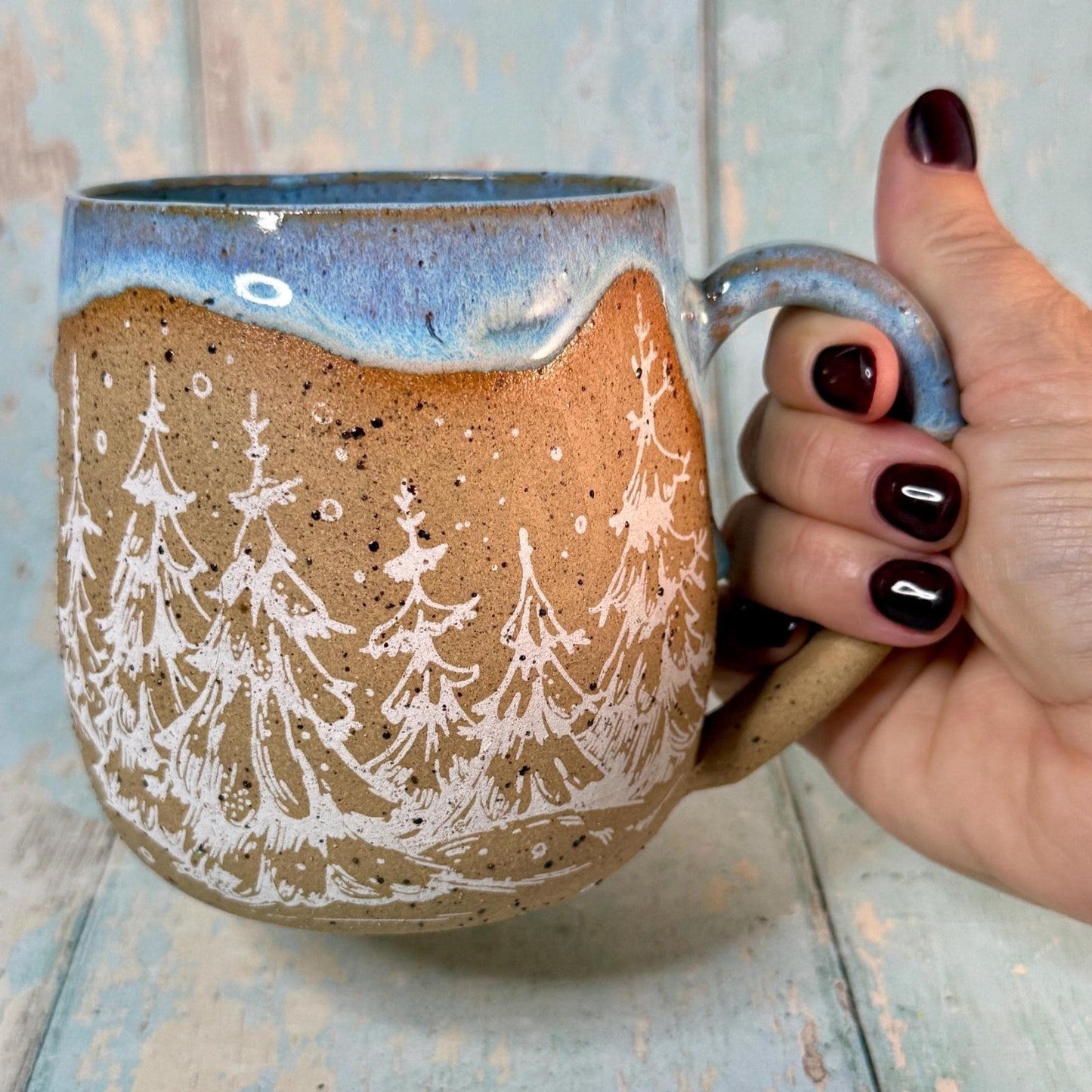 Blue and White Christmas Tree Mug, Handmade Ceramic Cup - FJD Ceramics