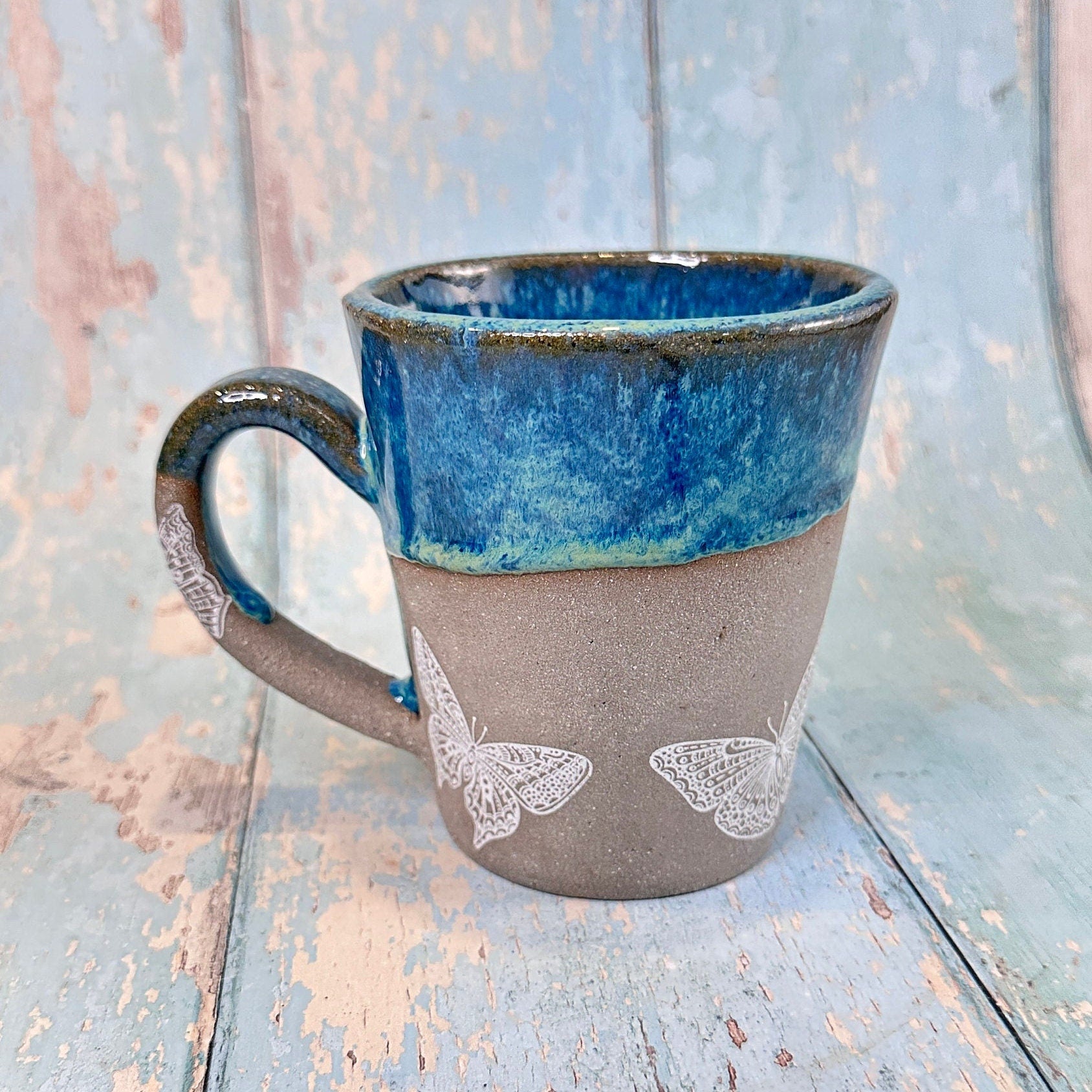 Blue Butterfly Mug, Large Ceramic Cup - FJD Ceramics