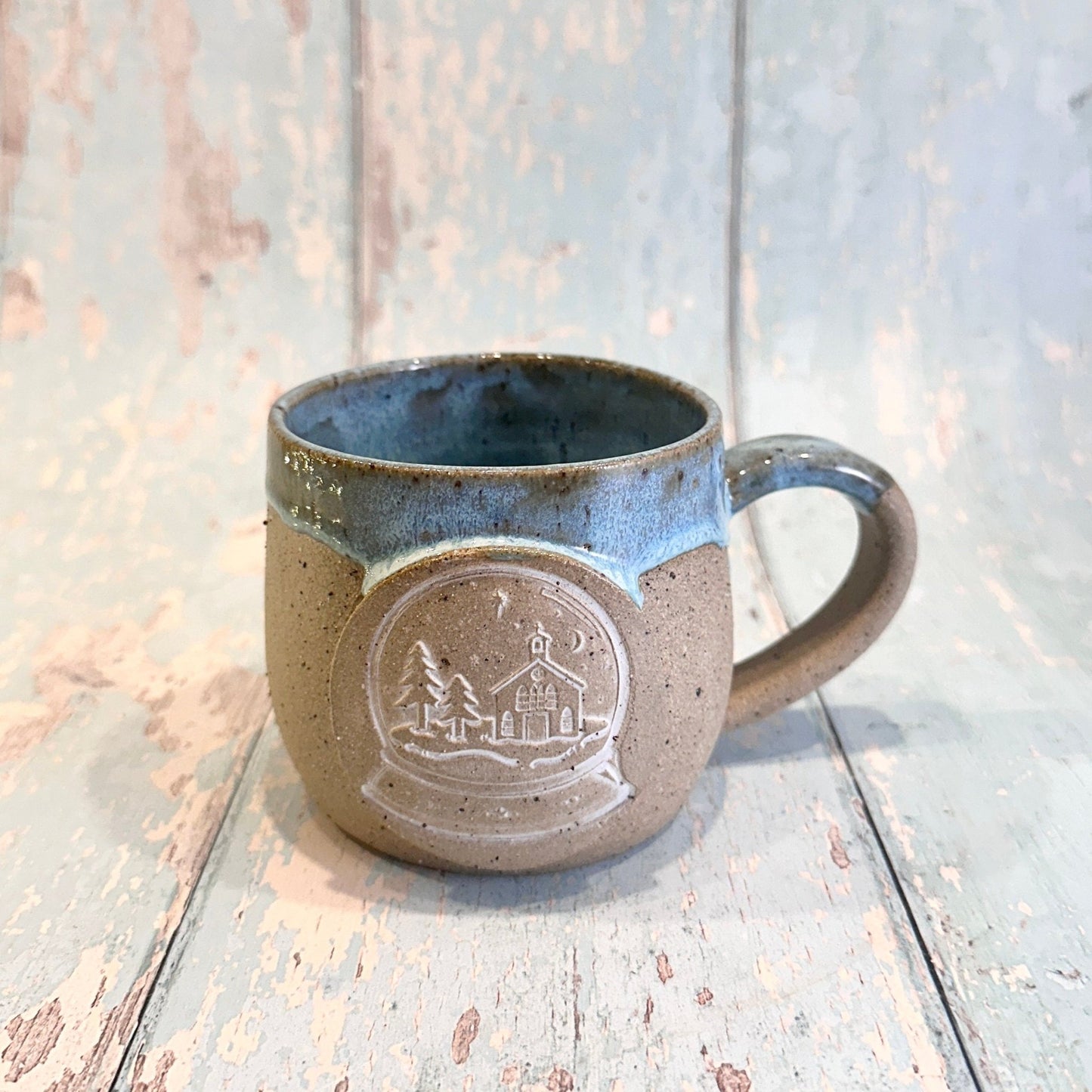 Blue Christmas Snow Globe Mug, Handmade Ceramic Cup - FJD Ceramics