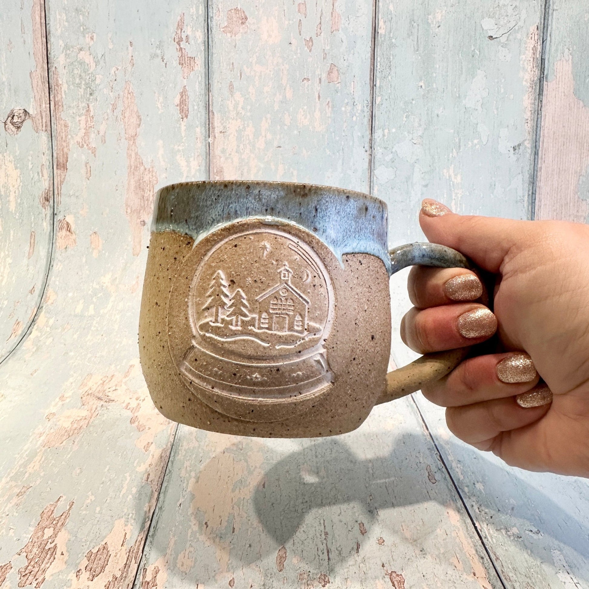 Blue Christmas Snow Globe Mug, Handmade Ceramic Cup - FJD Ceramics