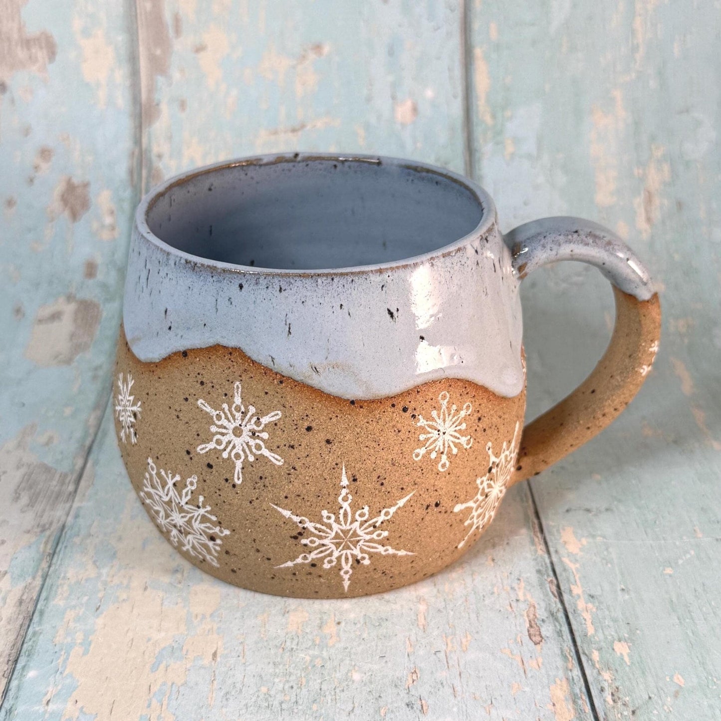Blue Christmas Snowflake Mug, Handmade Ceramic Cup - FJD Ceramics