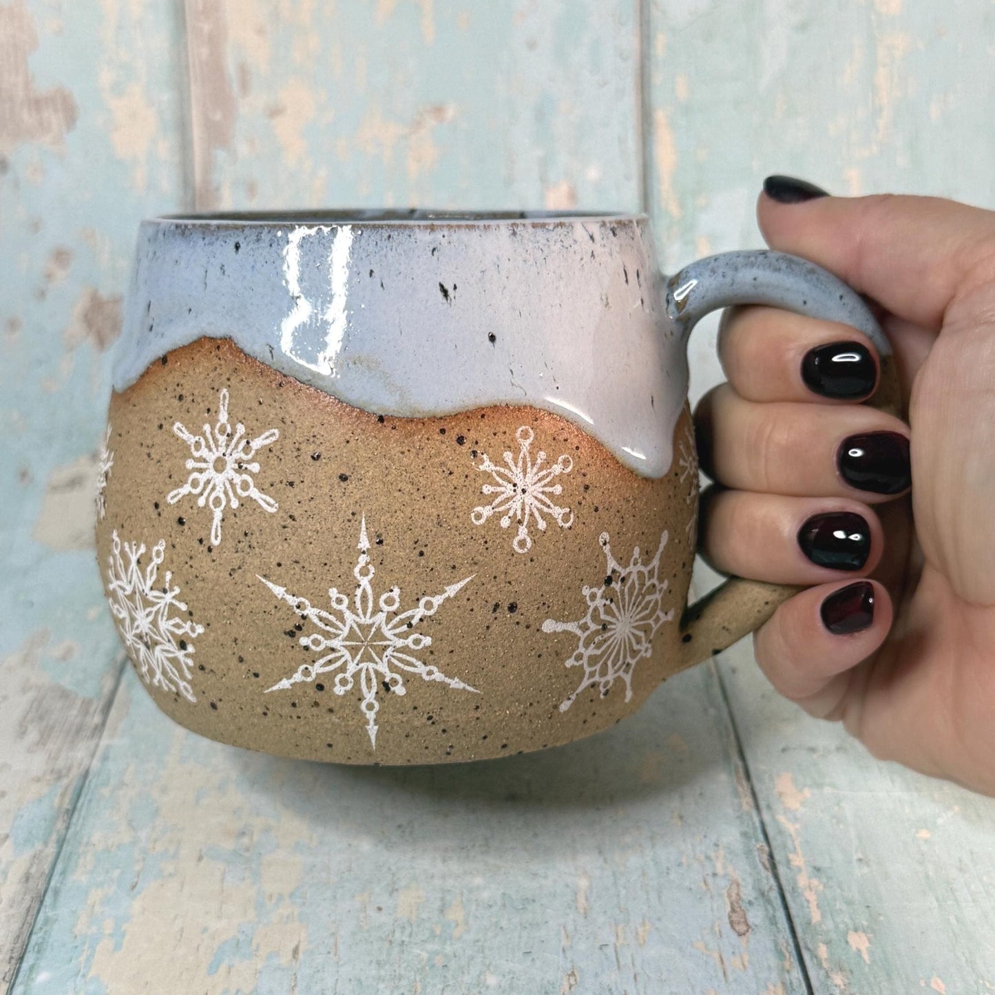 Blue Christmas Snowflake Mug, Handmade Ceramic Cup - FJD Ceramics